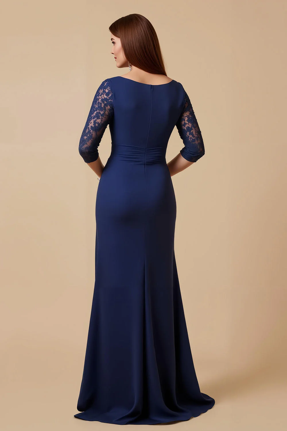 Navy Sheath Chiffon Ruffled Ruched Long Mother of the Bride Dress with Sleeves - Image 2