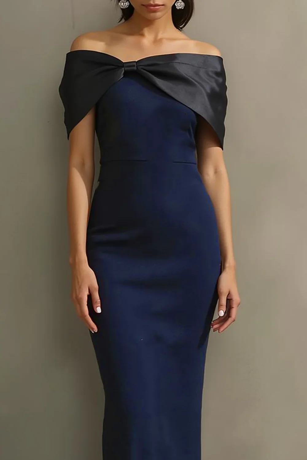 Navy Sheath Off the Shoulder Long Formal Dress with Bow - Image 2
