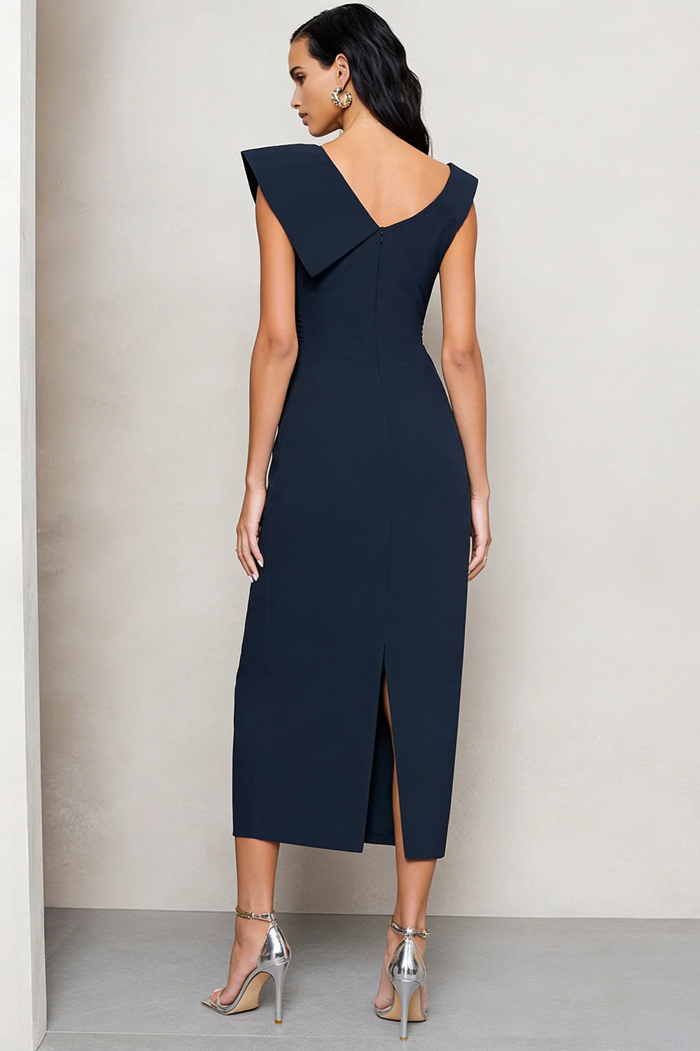 Navy Sheath Ruched Satin Midi Work Dress with Slit - Image 2