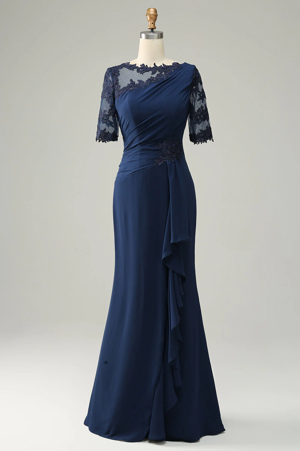 Navy Sheath Ruffled Half Sleeves Long Choir Dress with Appliques - Image 2