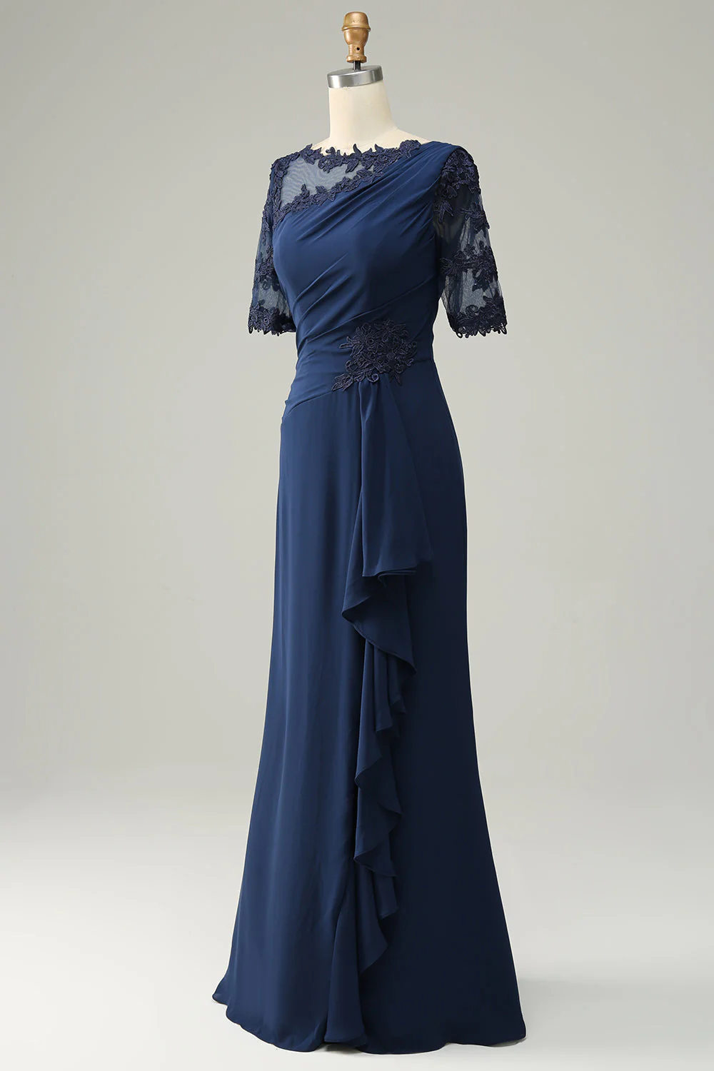 Navy Sheath Ruffled Half Sleeves Long Choir Dress with Appliques - Image 4