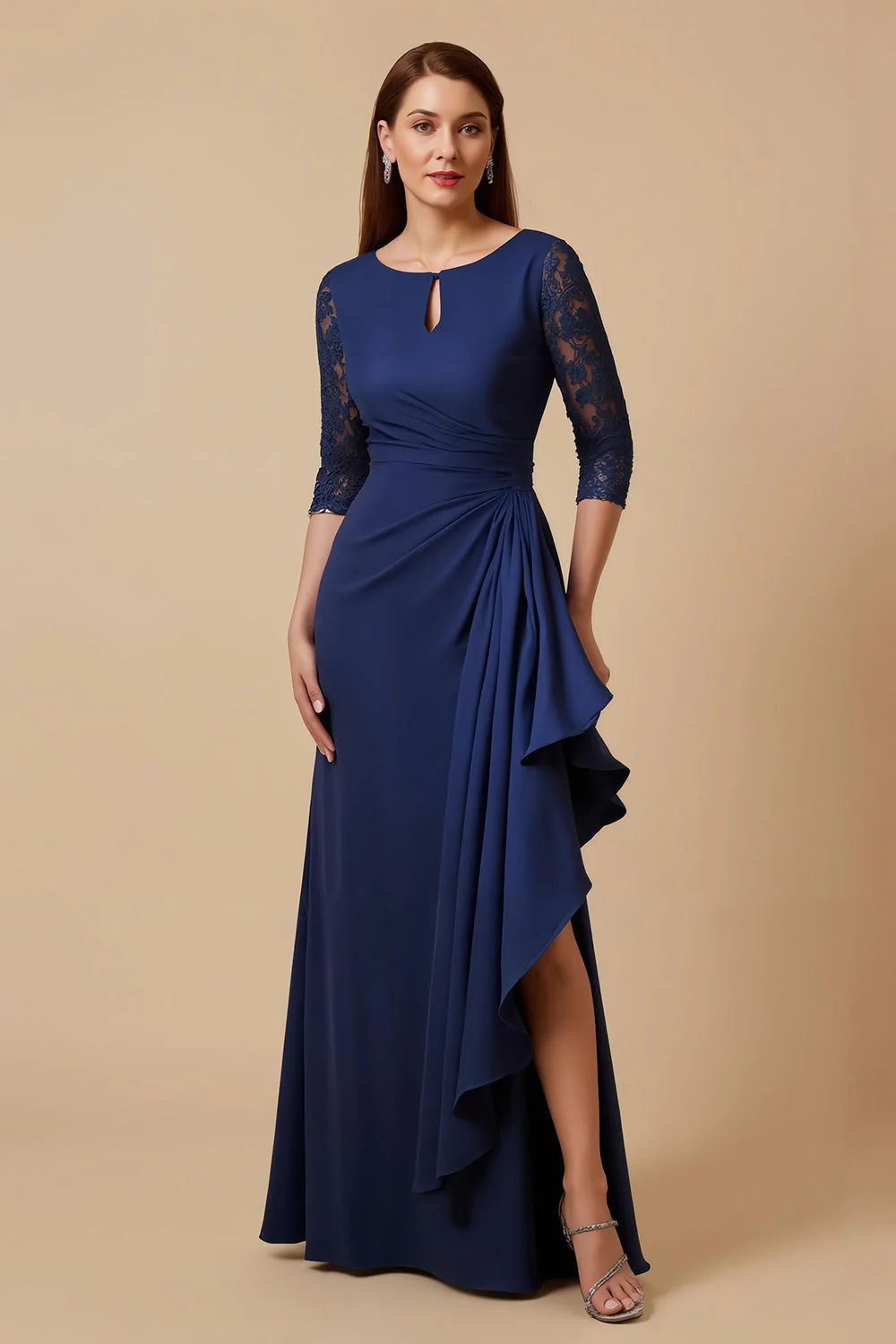 Navy Sheath Ruffled Lace 3/4 Sleeves Choir Dress with Slit - Image 2