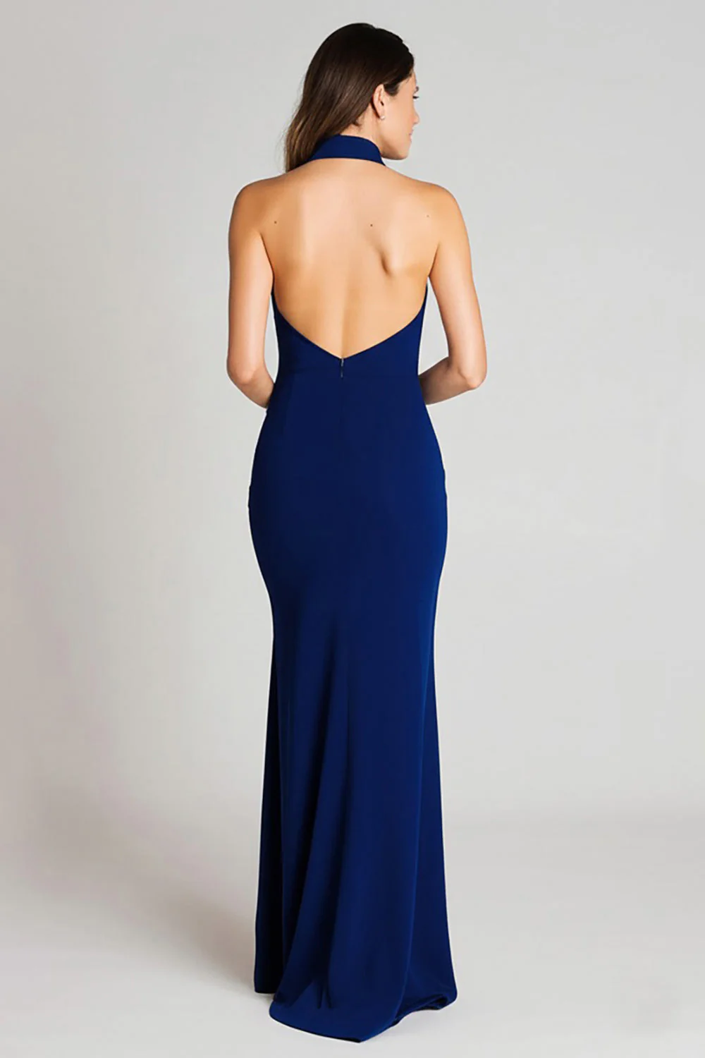 Navy Sheath Satin High Neck Long Evening Dress with Slit - Image 2