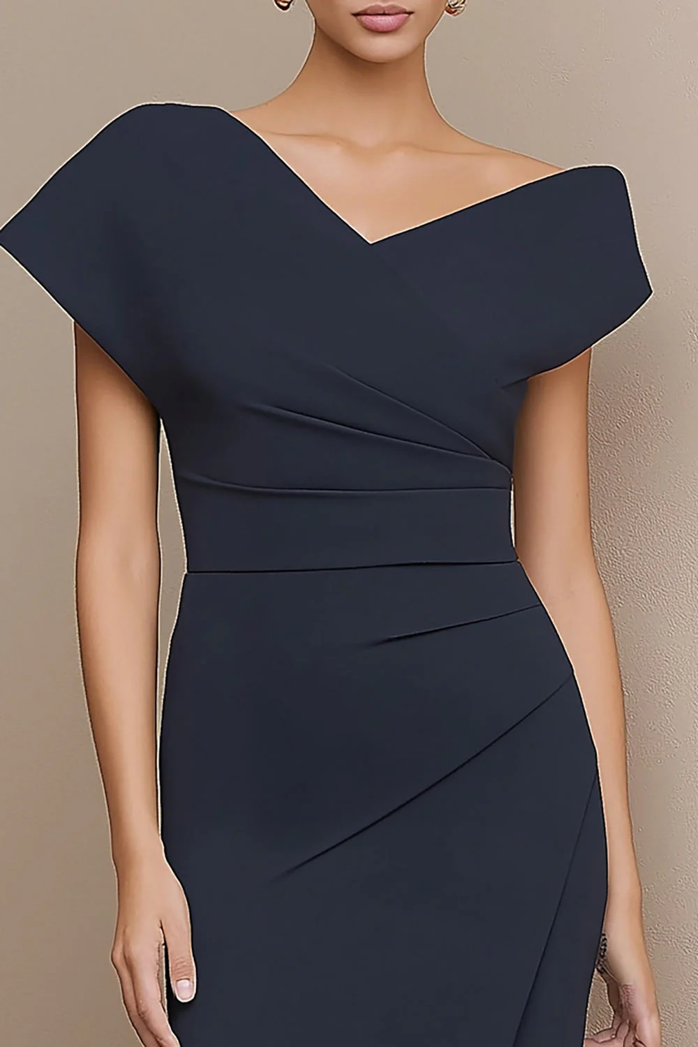 Navy Sheath V-Neck Midi Work Dress with Slit - Image 3