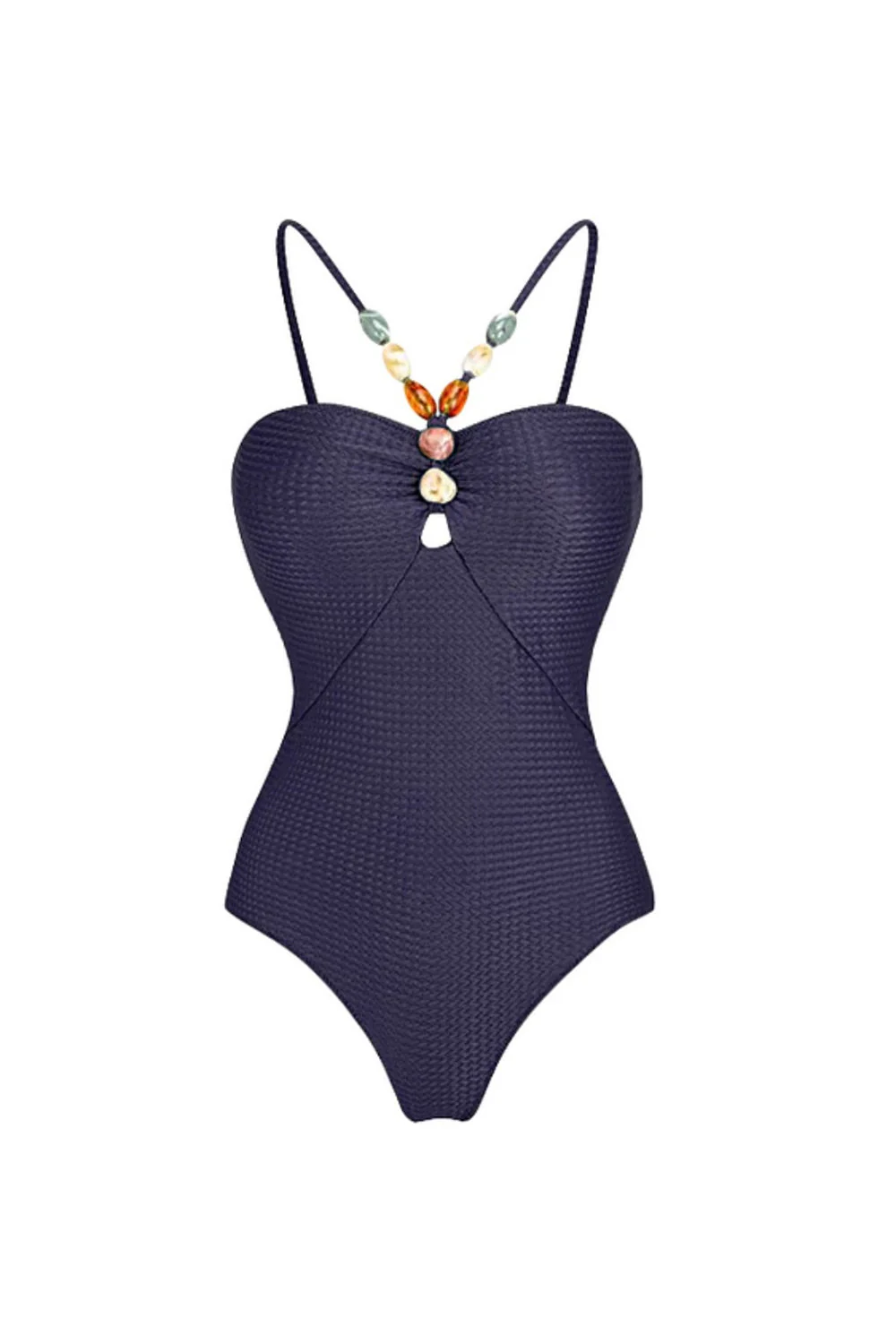 Navy Spaghetti Straps 2 Piece Beaded Swimsuit with Cover Up Dress - Image 2