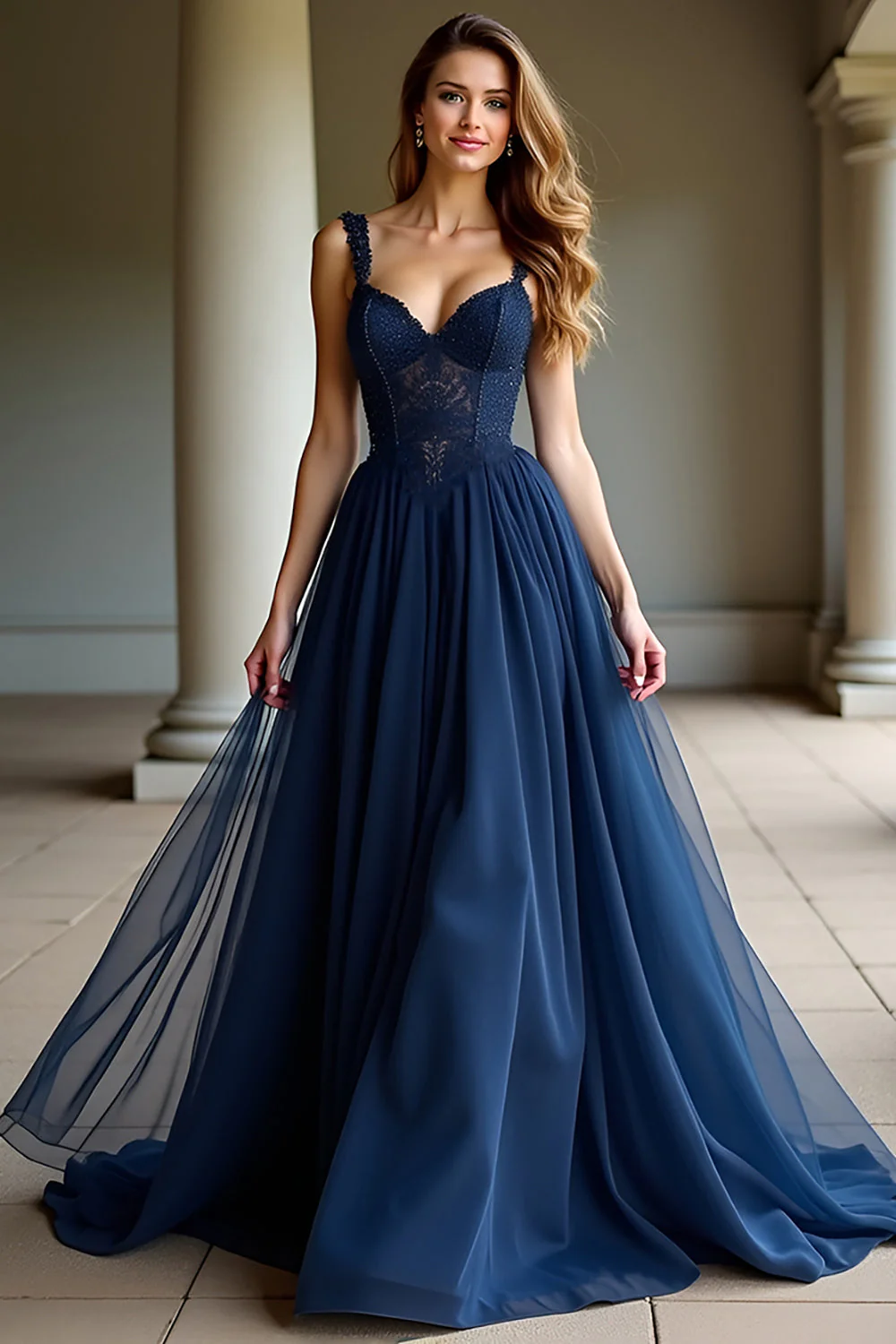 Navy Spaghetti Straps A Line Lace Long Prom Dress - Image 3