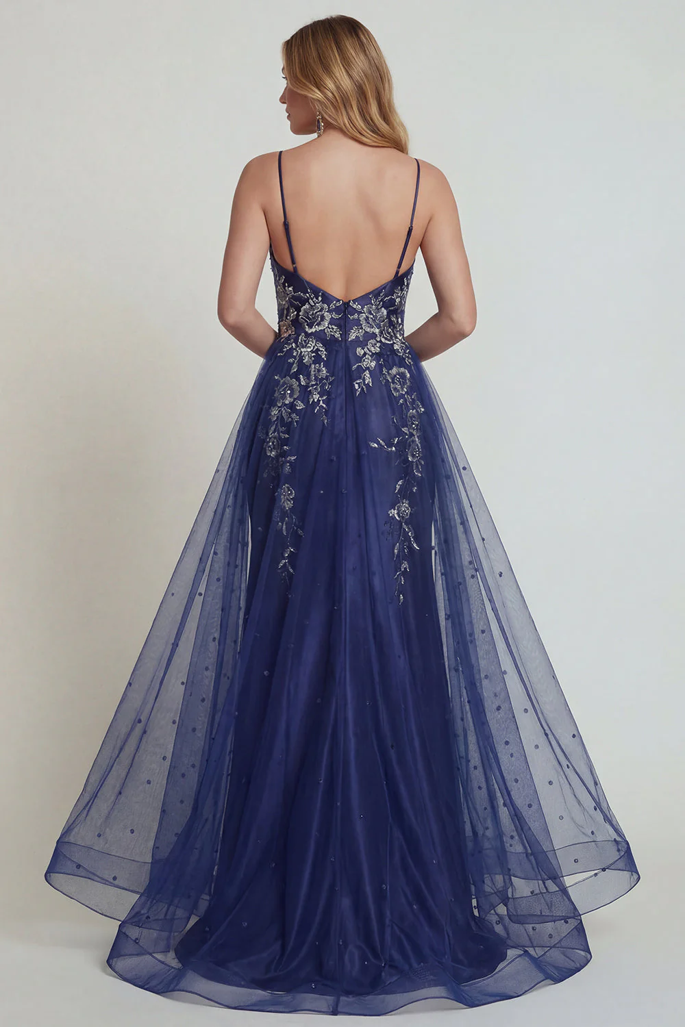 Navy Spaghetti Straps Sheath Applique Satin Mother of the Bride Dress with Slit - Image 2