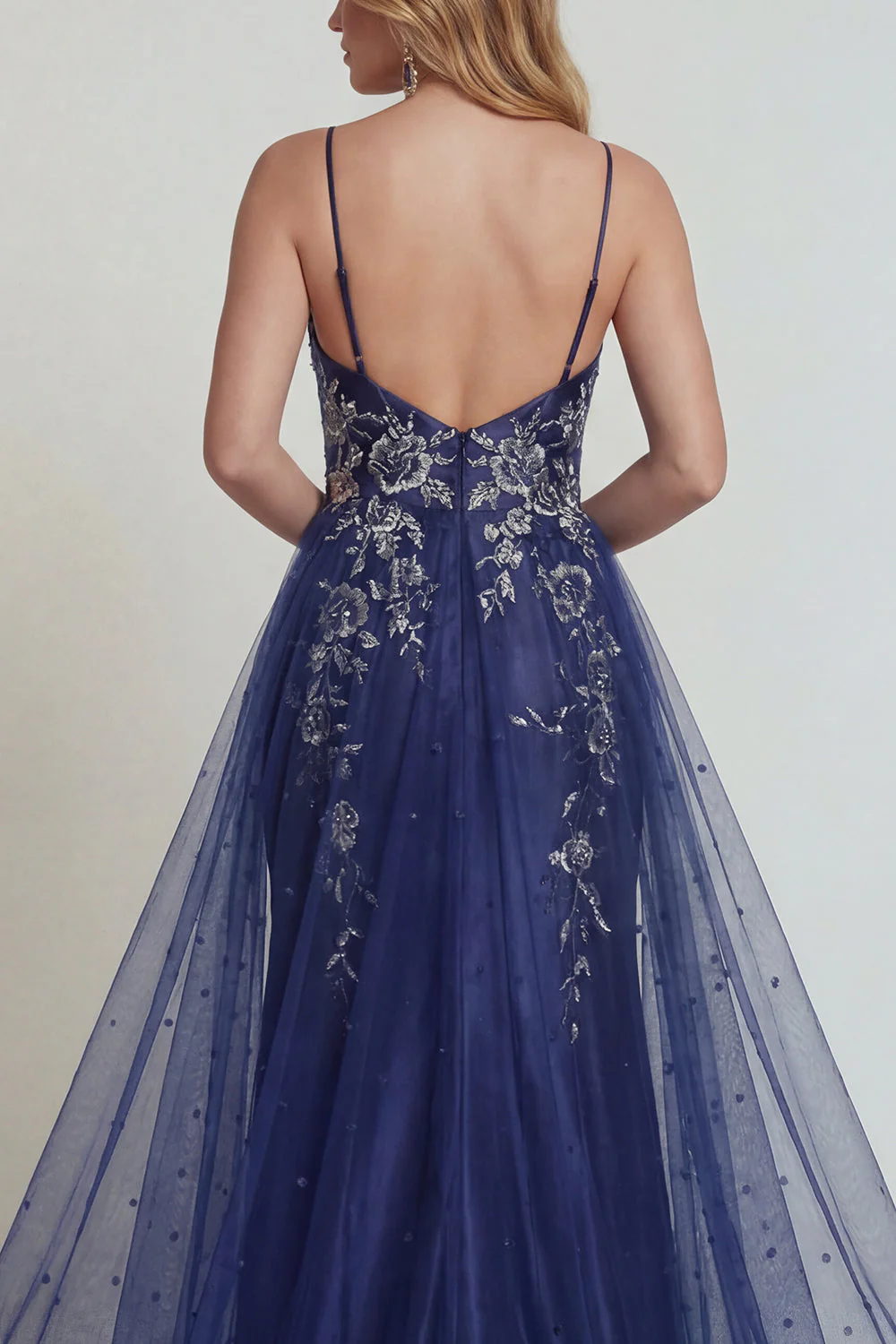 Navy Spaghetti Straps Sheath Applique Satin Mother of the Bride Dress with Slit - Image 4