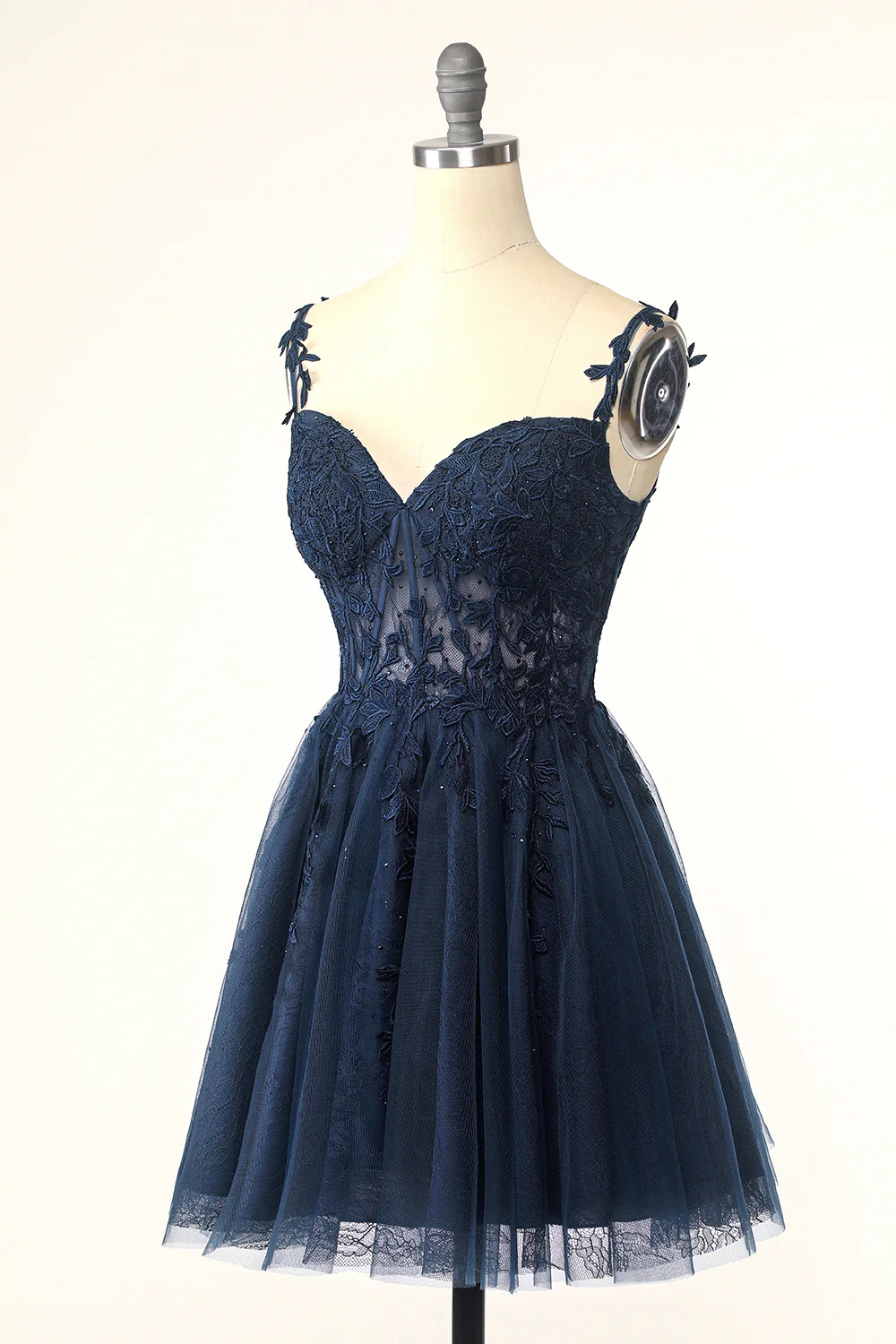 Navy Spaghetti Straps Short Graduation Dress with Appliques - Image 5