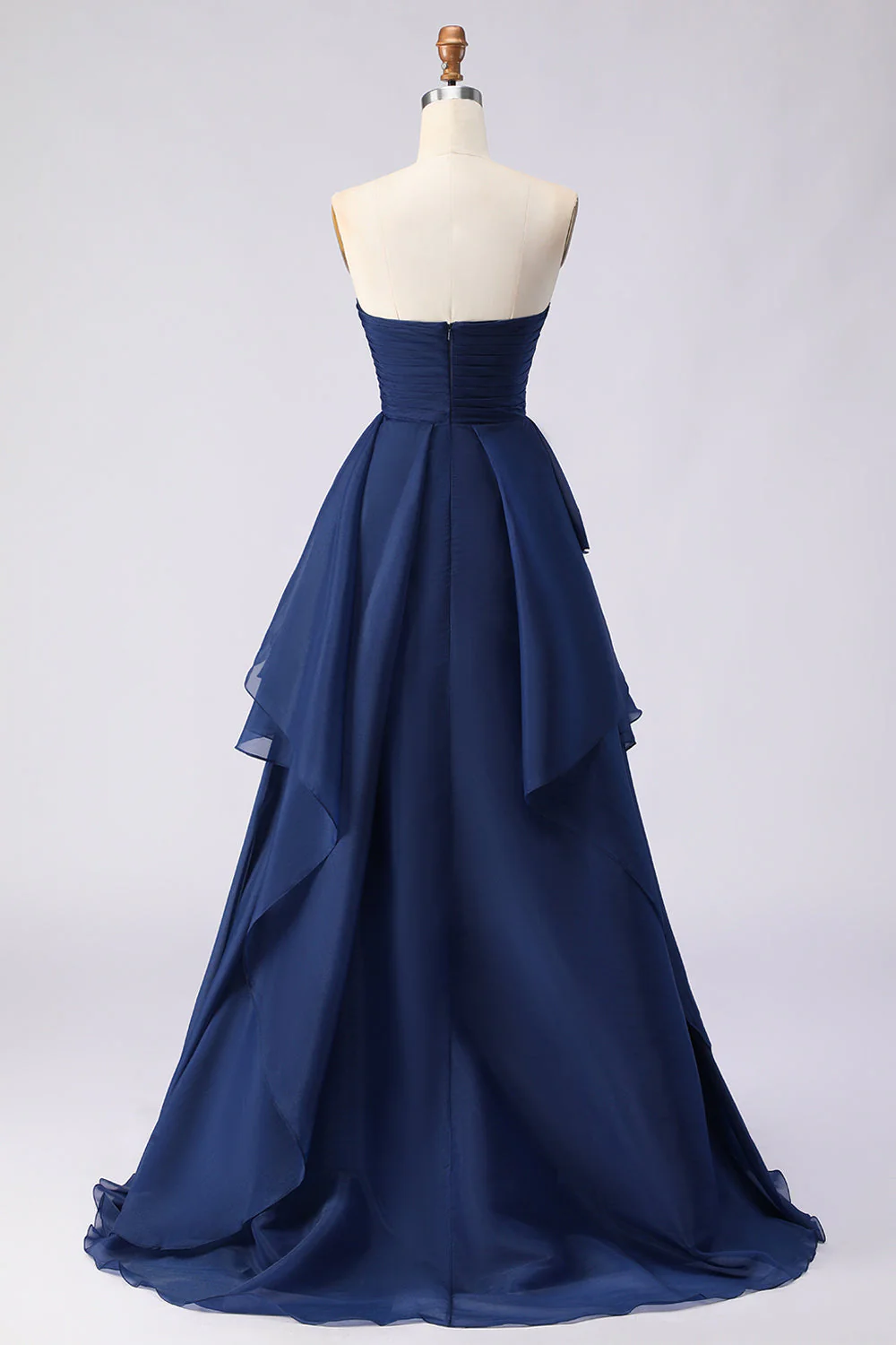 Navy Strapless Ruffled A Line Pleated Long Prom Dress with Slit - Image 2
