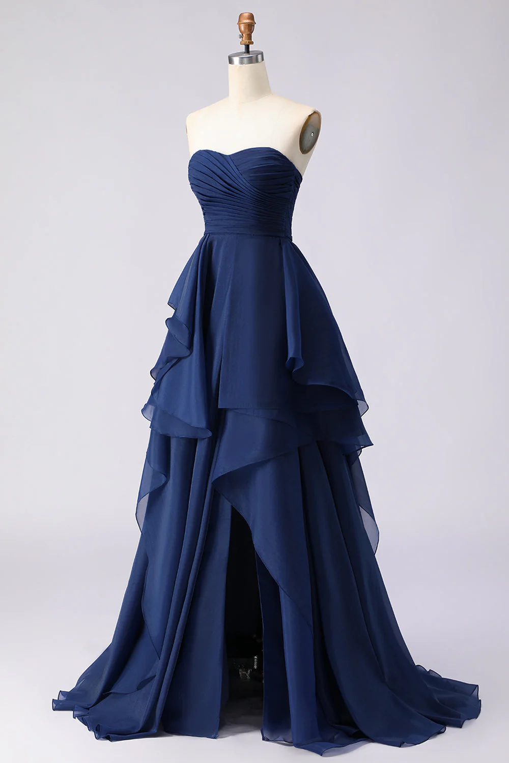 Navy Strapless Ruffled A Line Pleated Long Prom Dress with Slit - Image 3