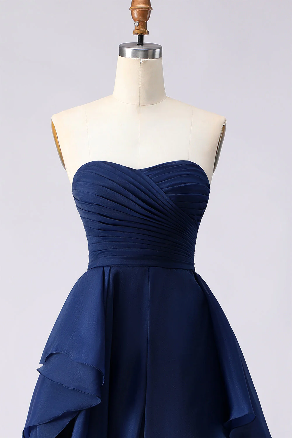 Navy Strapless Ruffled A Line Pleated Long Prom Dress with Slit - Image 4