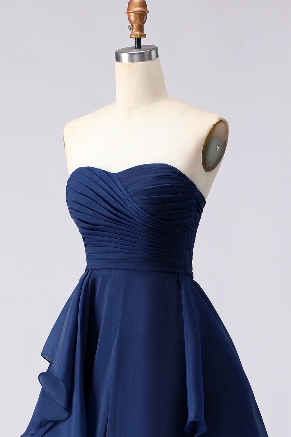 Navy Strapless Ruffled A Line Pleated Long Prom Dress with Slit - Image 6