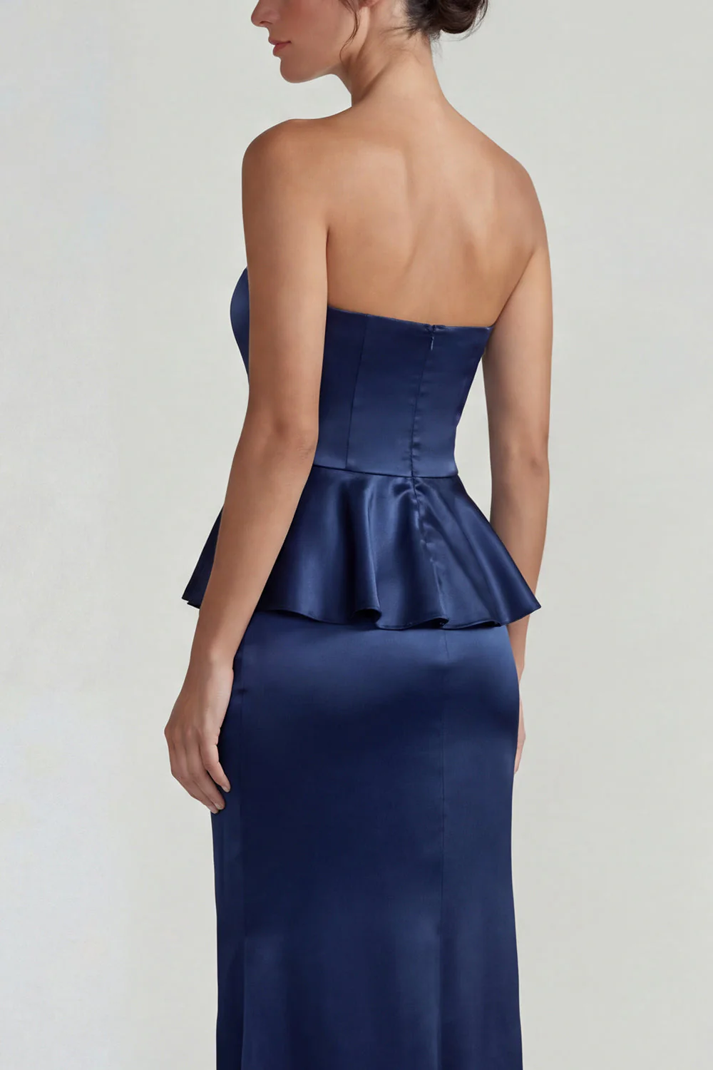 Navy Strapless Ruffled Satin Sheath Long Evening Dress - Image 3