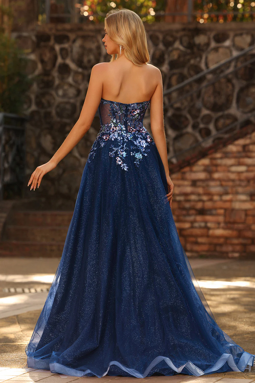 Navy Strapless Sheer Corset A Line Long Tulle Prom Dress with Sequins - Image 2