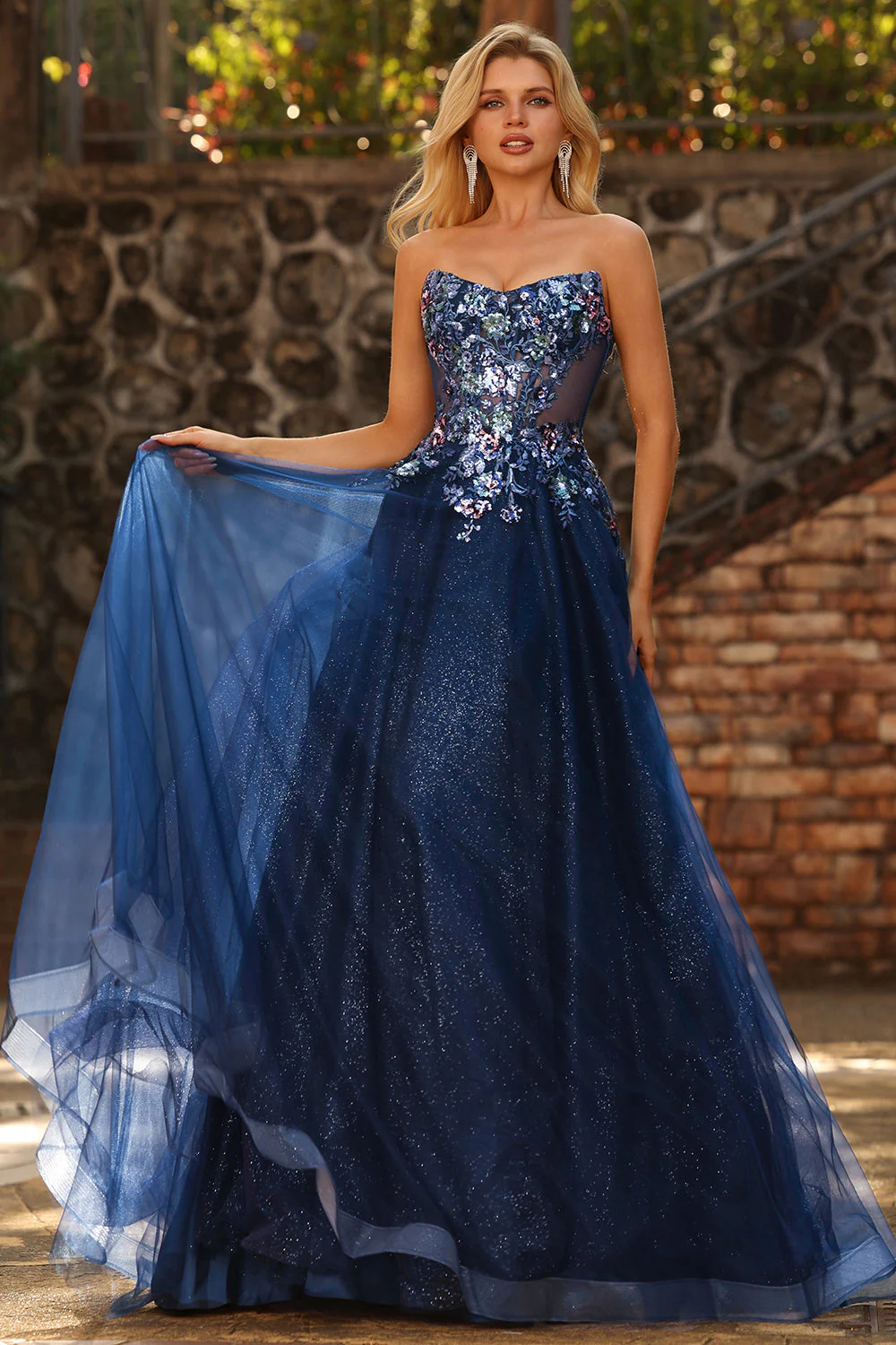 Navy Strapless Sheer Corset A Line Long Tulle Prom Dress with Sequins - Image 3