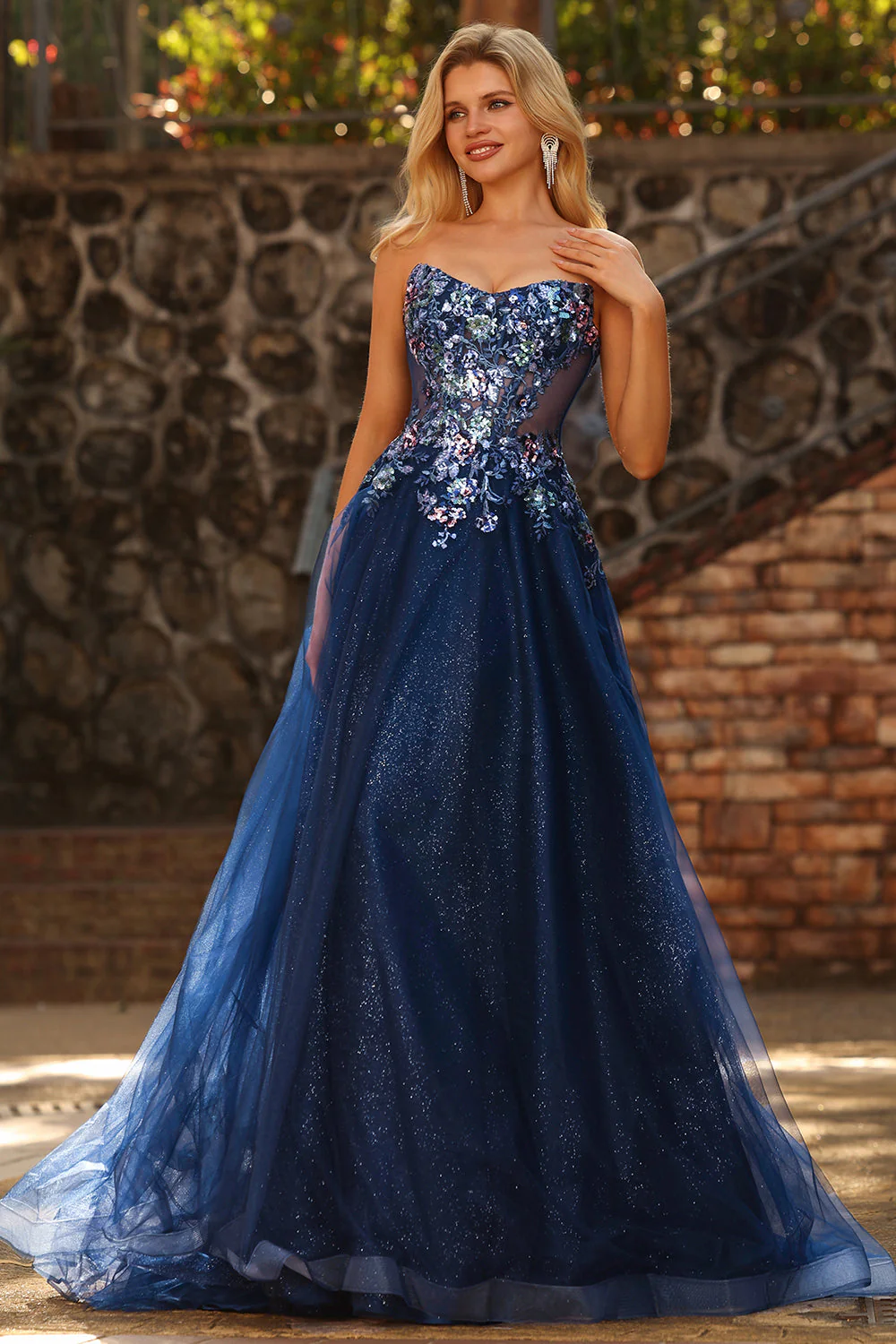 Navy Strapless Sheer Corset A Line Long Tulle Prom Dress with Sequins - Image 4
