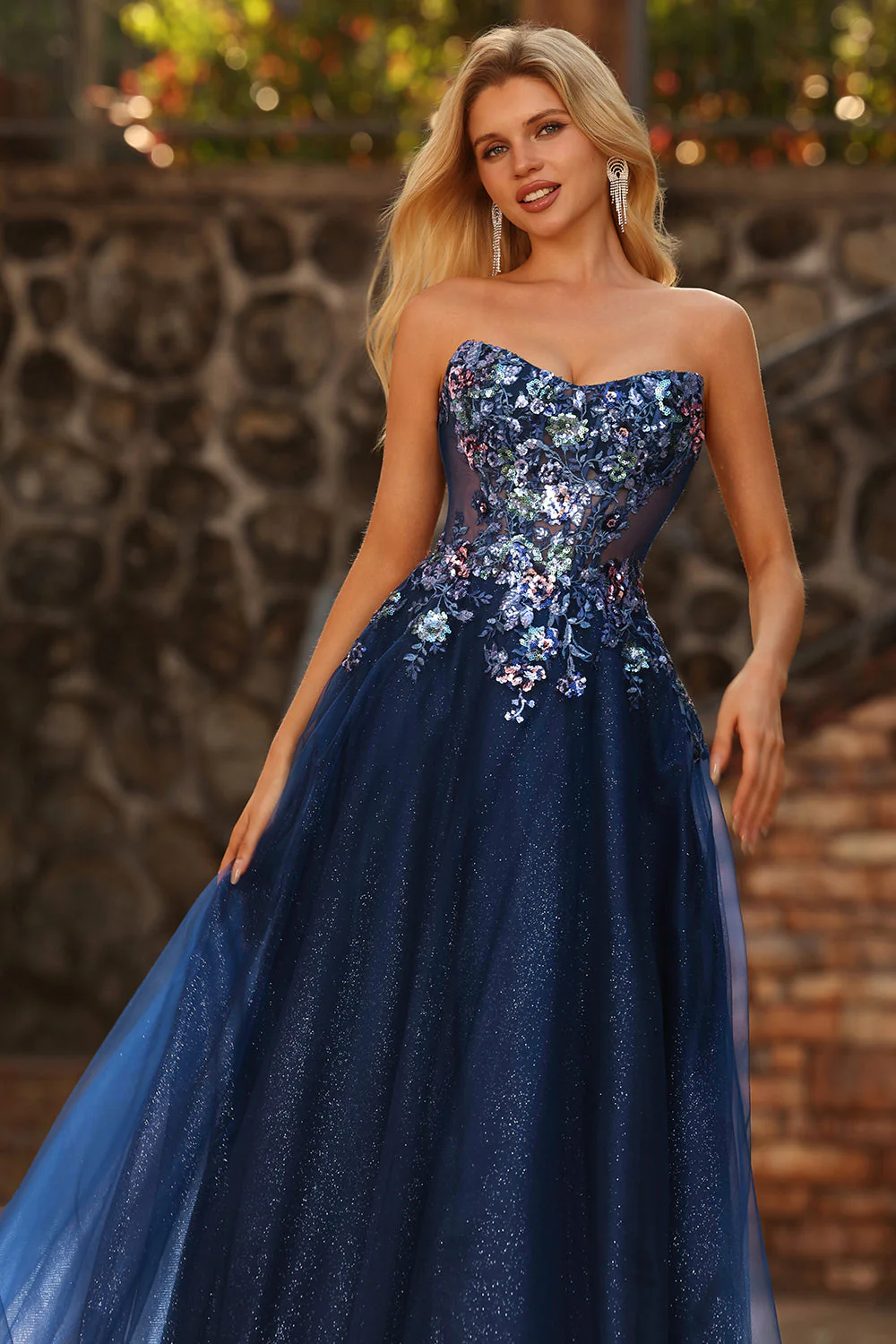 Navy Strapless Sheer Corset A Line Long Tulle Prom Dress with Sequins - Image 5
