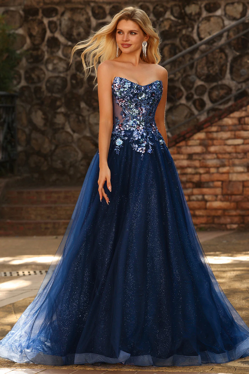 Navy Strapless Sheer Corset A Line Long Tulle Prom Dress with Sequins - Image 6