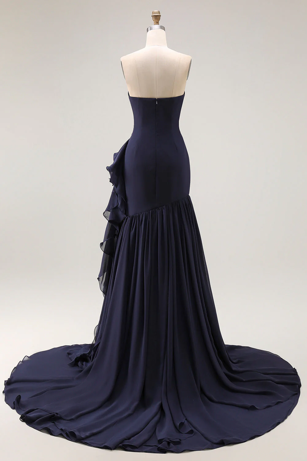 Navy Sweetheart A Line Pleated Prom Dress with Ruffled Sash - Image 2