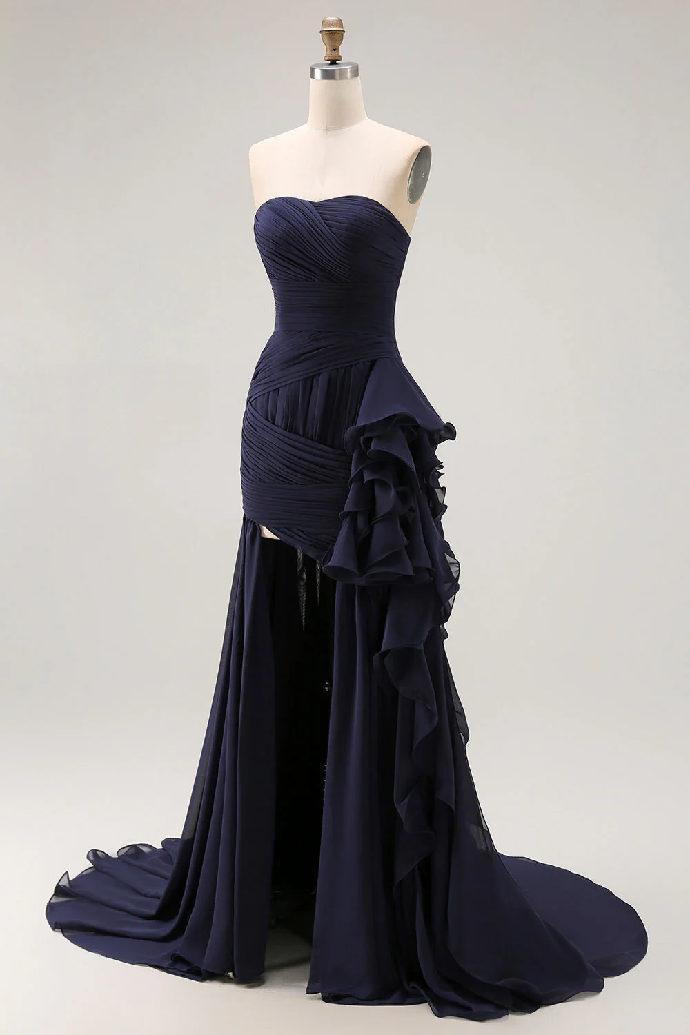 Navy Sweetheart A Line Pleated Prom Dress with Ruffled Sash - Image 5