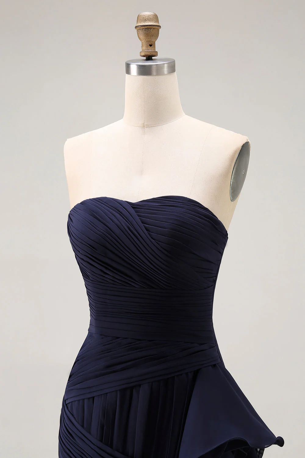 Navy Sweetheart A Line Pleated Prom Dress with Ruffled Sash - Image 8