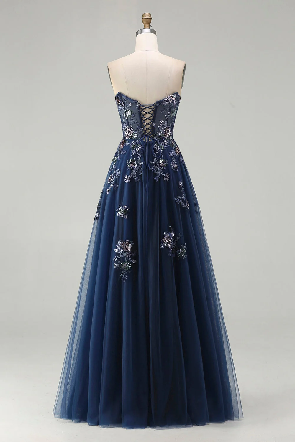Navy Sweetheart A Line Sequin Corset Long Prom Dress with Slit - Image 2