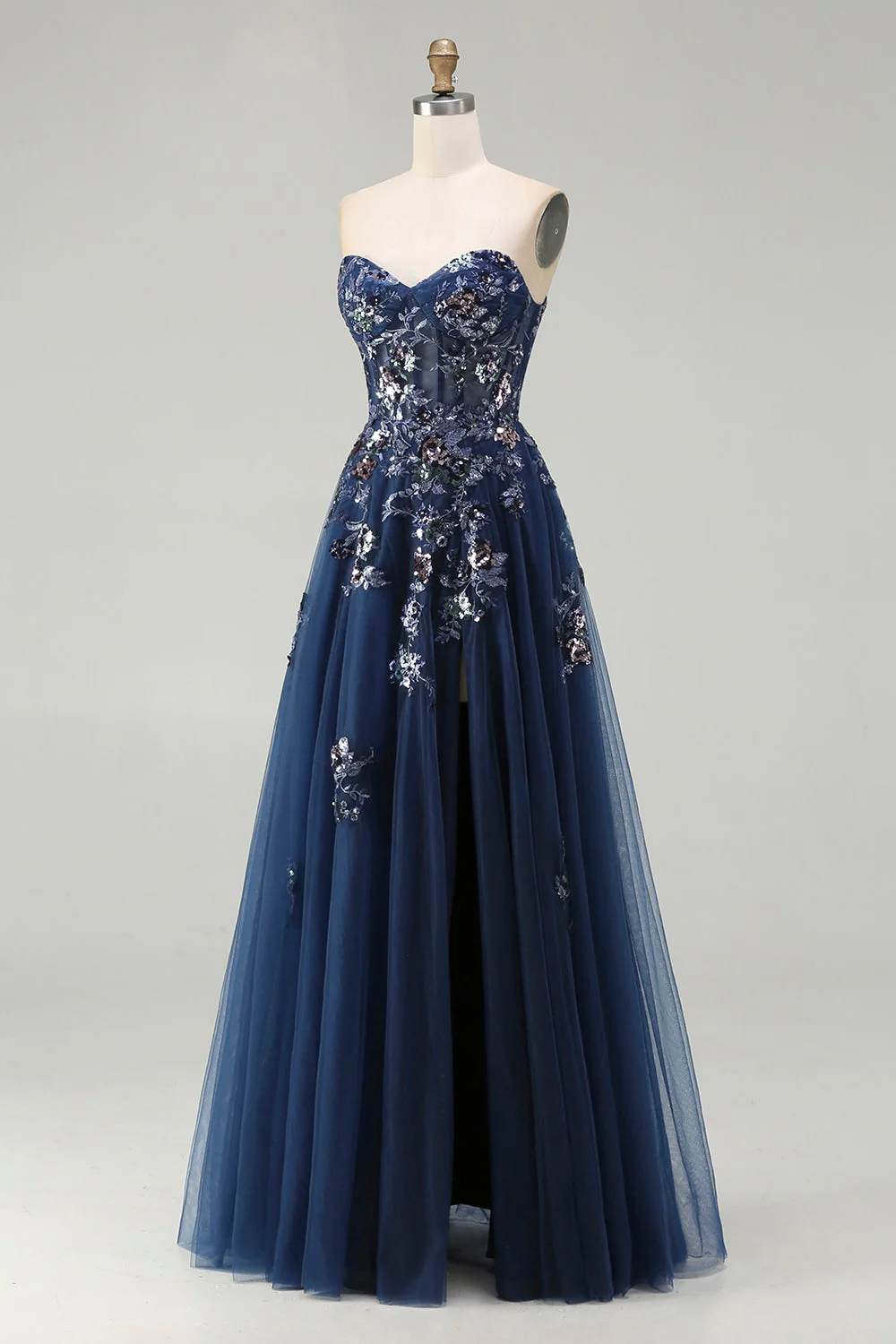 Navy Sweetheart A Line Sequin Corset Long Prom Dress with Slit - Image 3