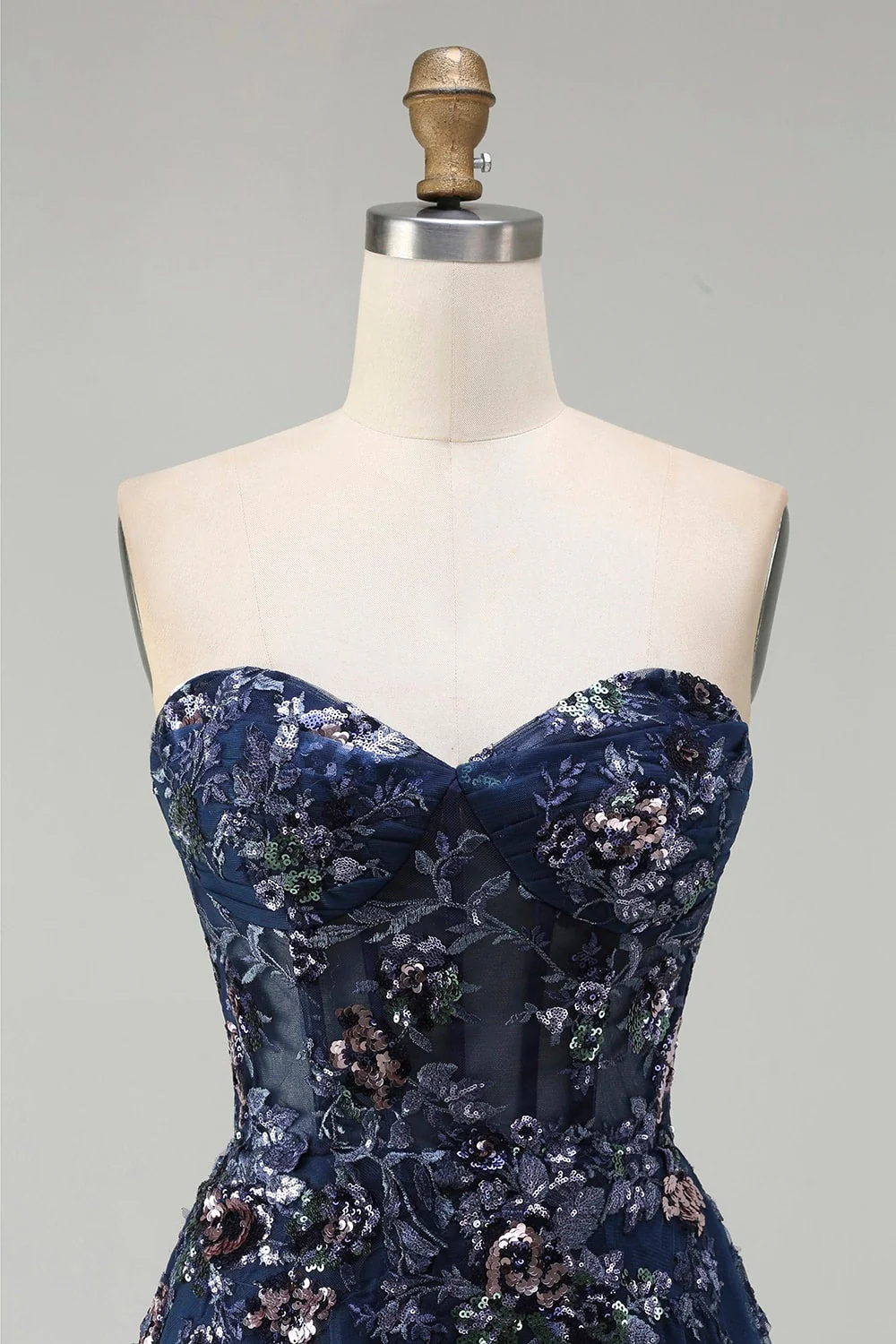 Navy Sweetheart A Line Sequin Corset Long Prom Dress with Slit - Image 4