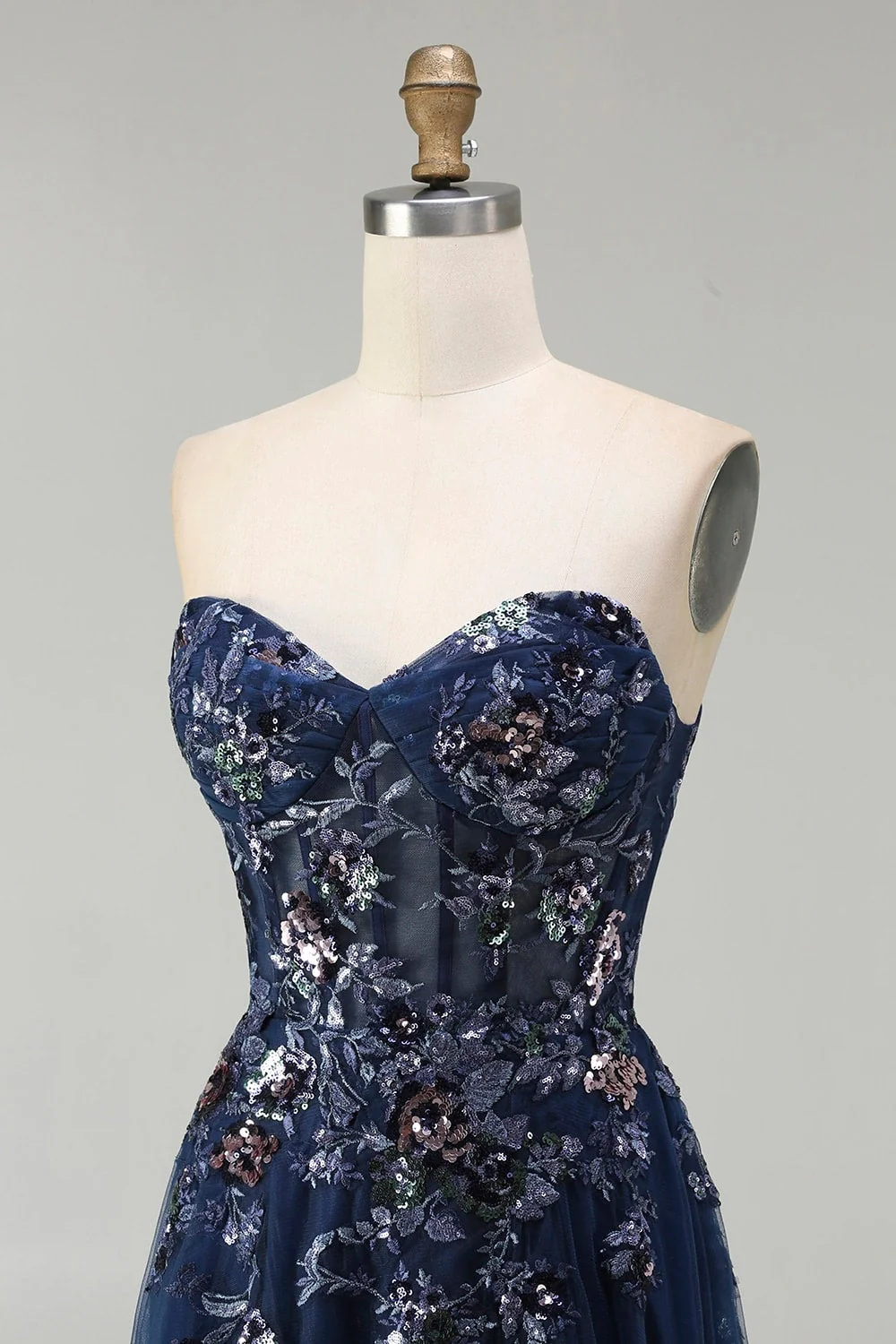 Navy Sweetheart A Line Sequin Corset Long Prom Dress with Slit - Image 6