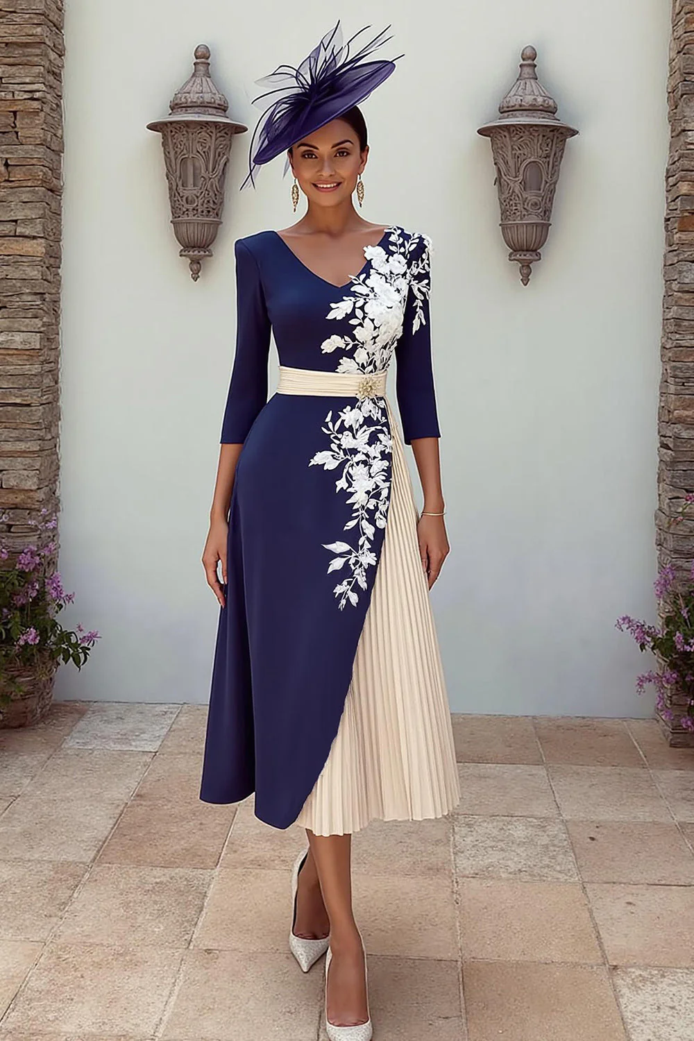 Navy V-Neck A-Line Midi Mother of the Bride Dress with Appliques - Image 2