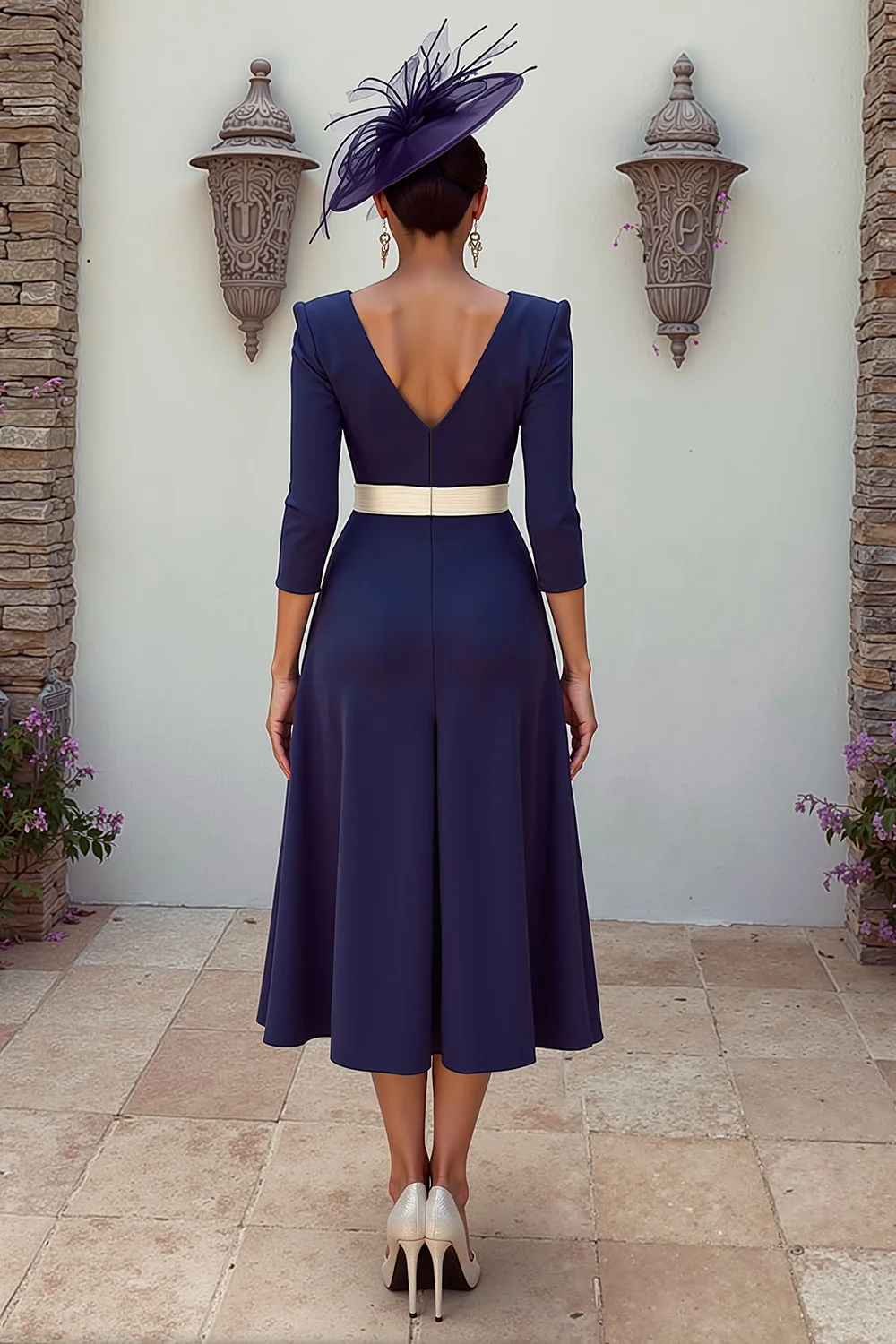 Navy V-Neck A-Line Midi Mother of the Bride Dress with Appliques - Image 3