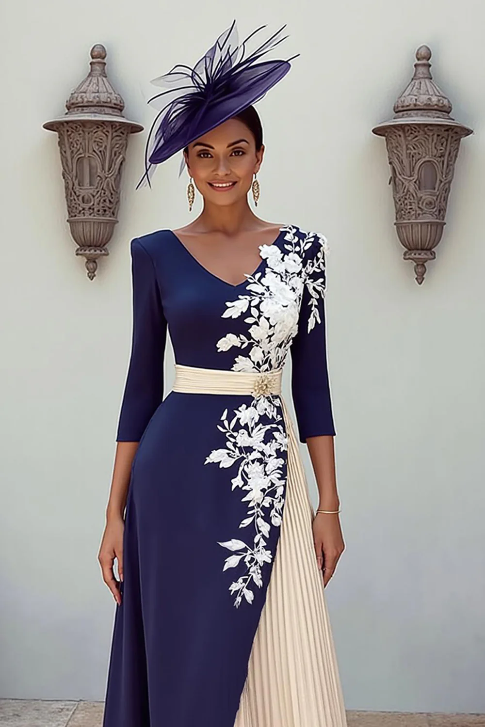 Navy V-Neck A-Line Midi Mother of the Bride Dress with Appliques - Image 5