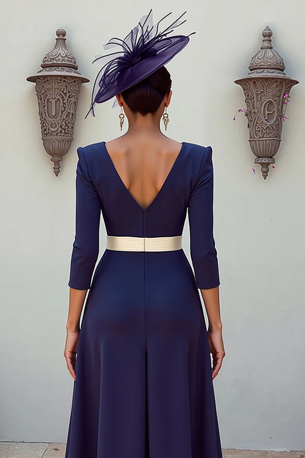 Navy V-Neck A-Line Midi Mother of the Bride Dress with Appliques - Image 7