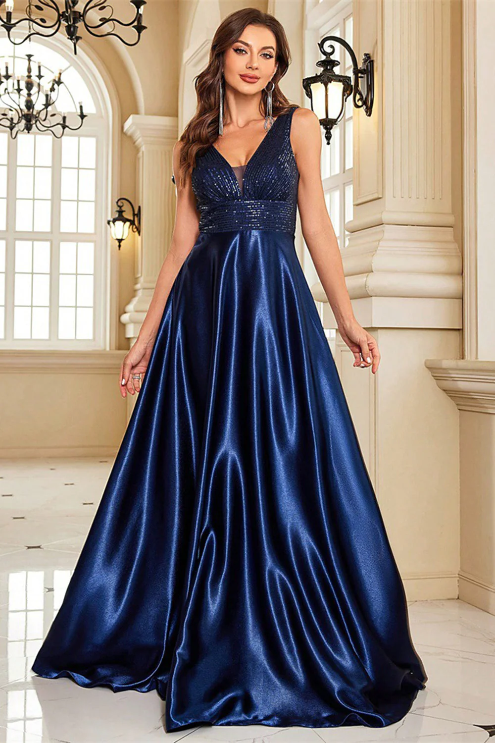 Navy V-Neck A Line Prom Dress with Pockets - Image 3