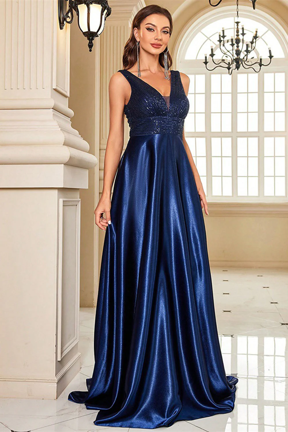 Navy V-Neck A Line Prom Dress with Pockets - Image 4