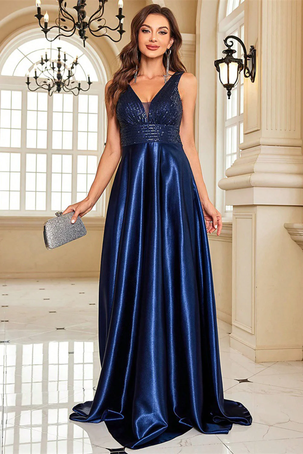 Navy V-Neck A Line Prom Dress with Pockets - Image 5