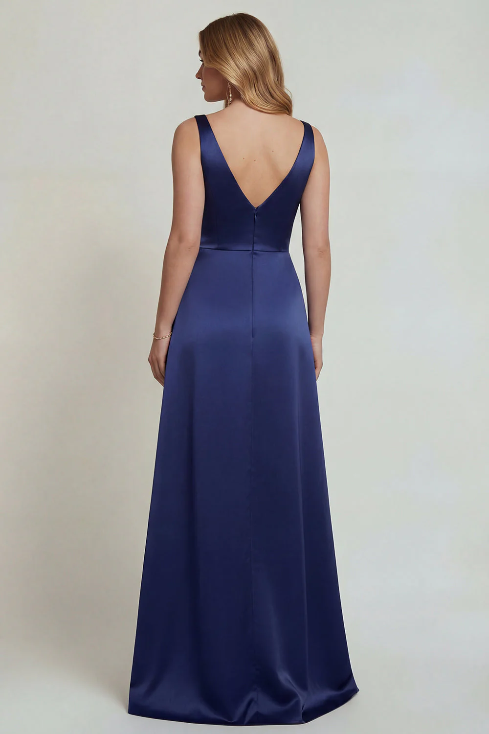 Navy A Line Satin V Neck Long Mother of the Bride Dress with Slit - Image 2