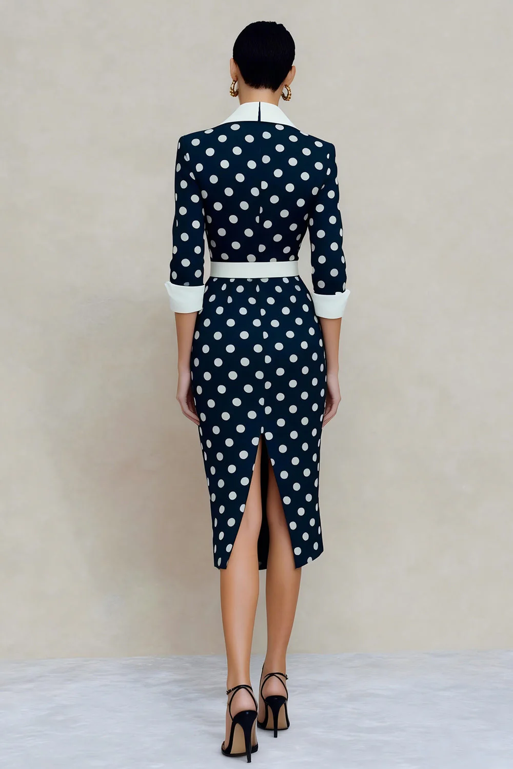 Navy White Polka Dots Notched Lapel Bodycon Midi Work Dress with Belt - Image 2