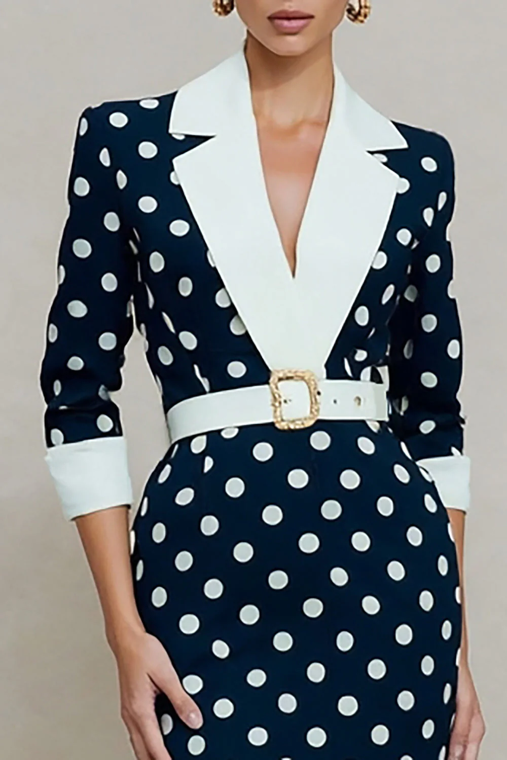 Navy White Polka Dots Notched Lapel Bodycon Midi Work Dress with Belt - Image 3