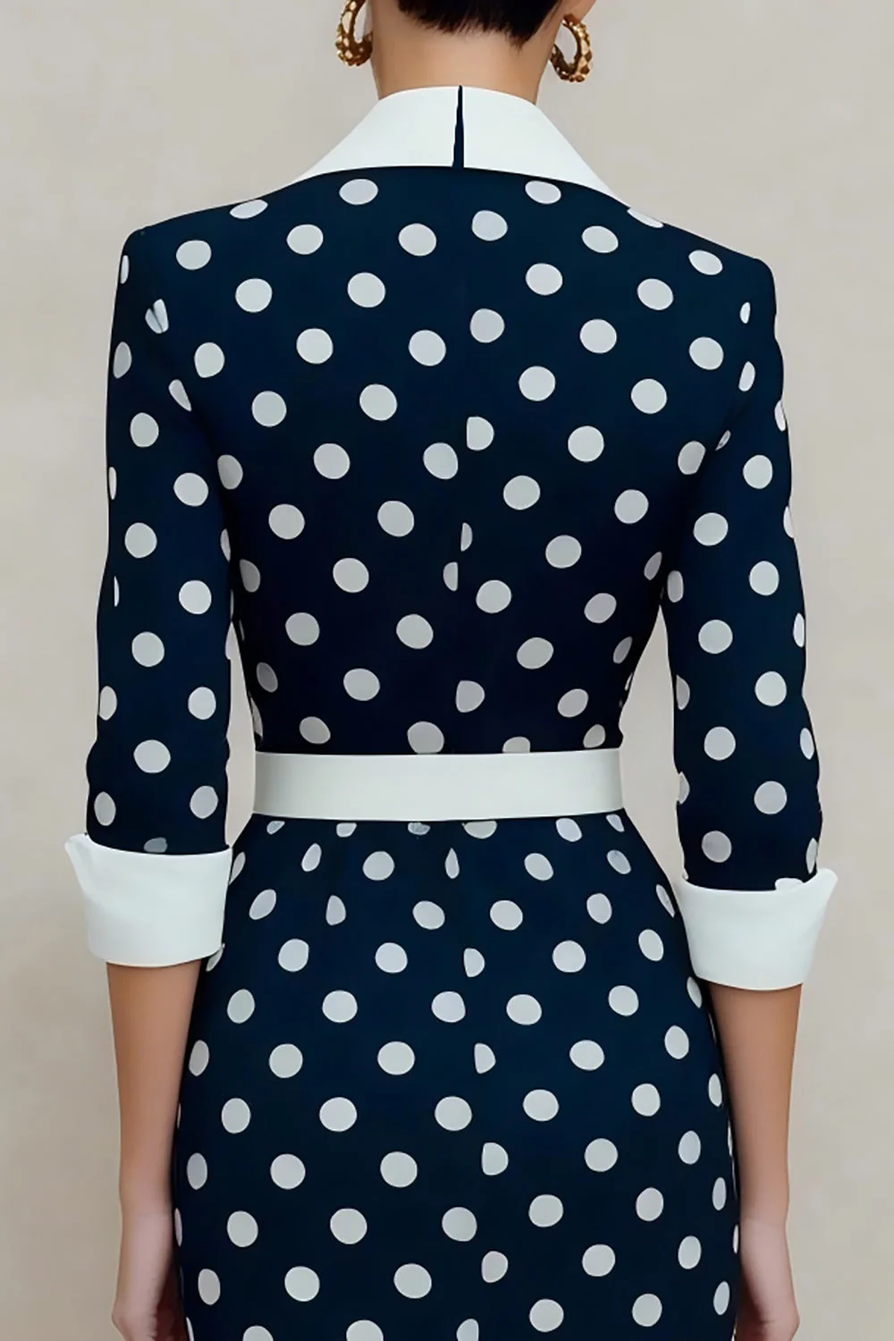 Navy White Polka Dots Notched Lapel Bodycon Midi Work Dress with Belt - Image 4