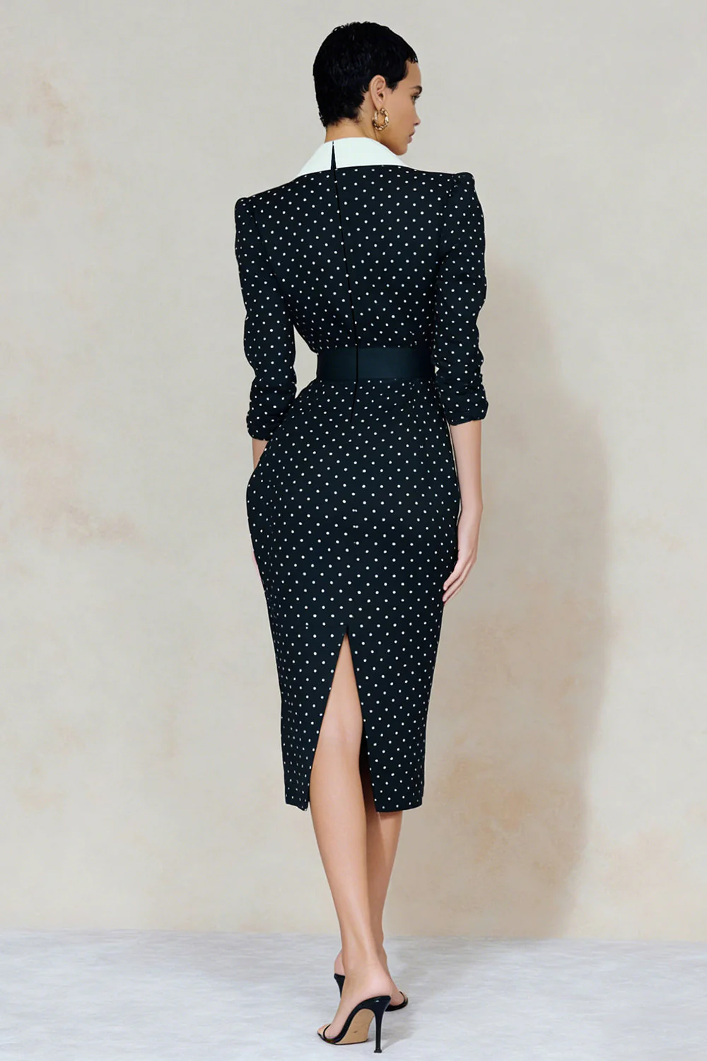 Navy Peak Lapel White Polka Dots Bodycon Midi Work Dress with Rhinestone Belt - Image 2