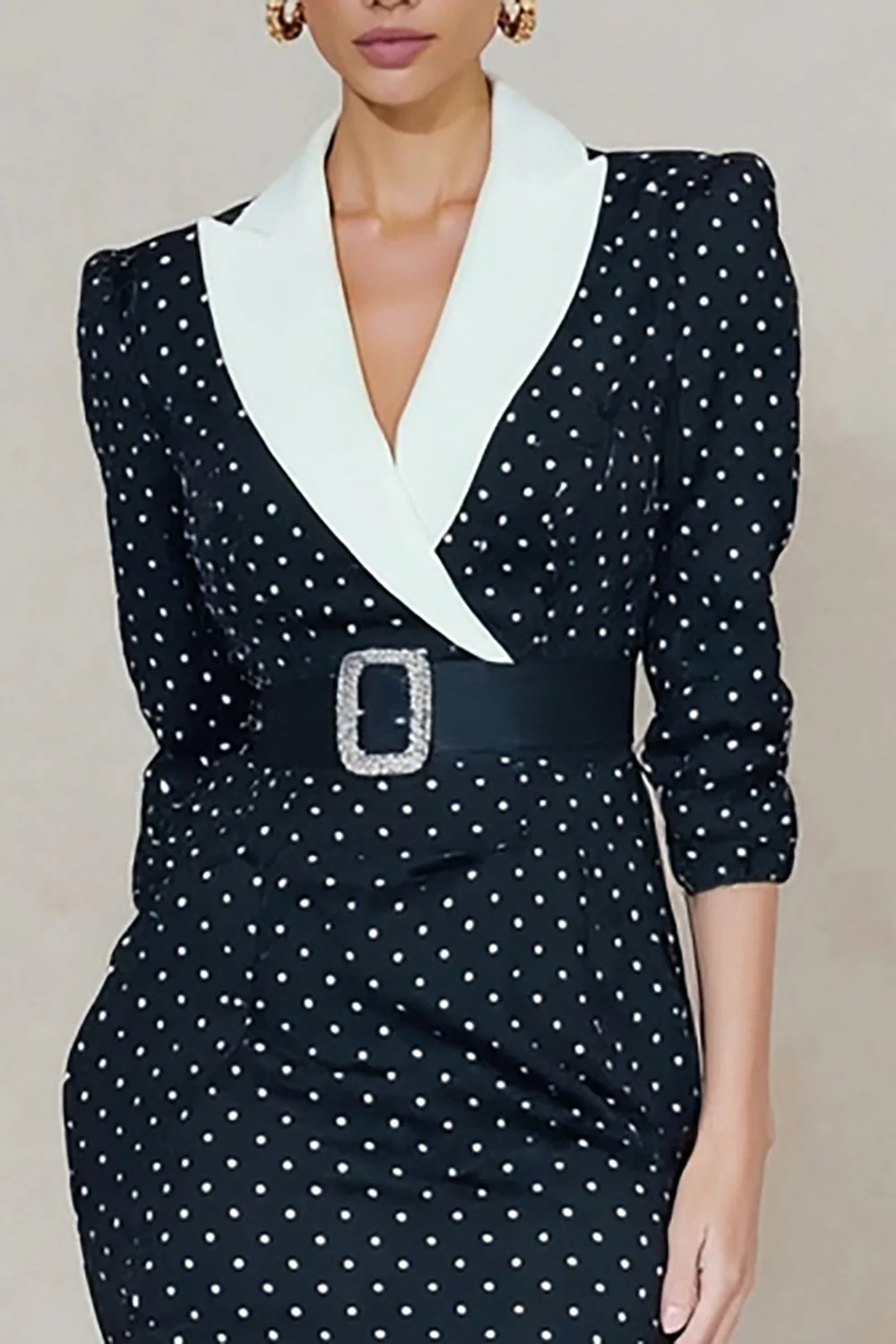 Navy Peak Lapel White Polka Dots Bodycon Midi Work Dress with Rhinestone Belt - Image 3