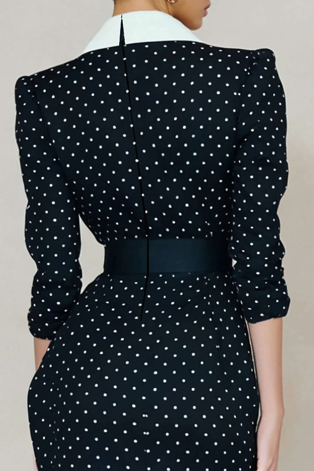 Navy Peak Lapel White Polka Dots Bodycon Midi Work Dress with Rhinestone Belt - Image 4