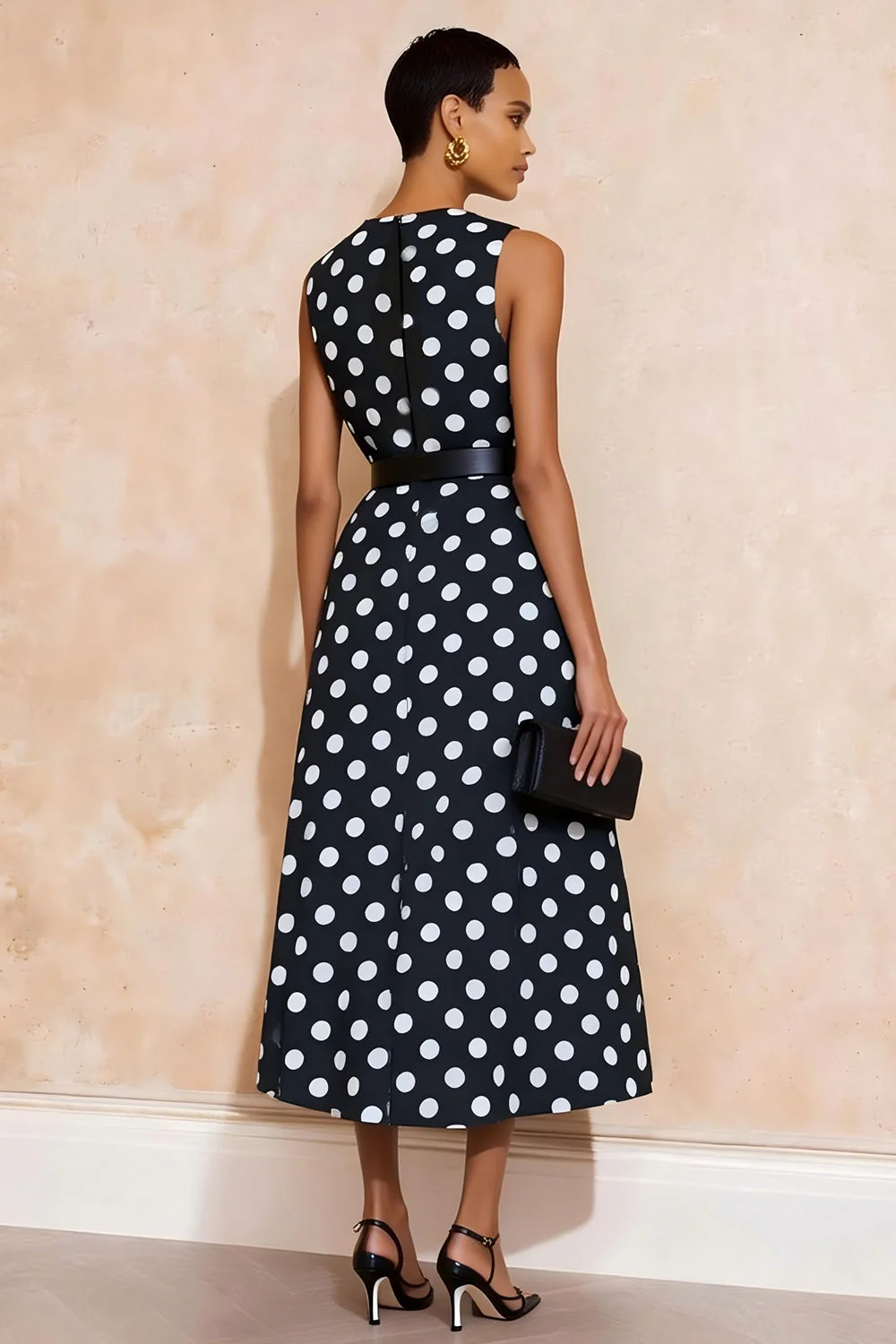 Navy White Polka Dots Round Neck A Line Midi Work Dress with Belt - Image 2