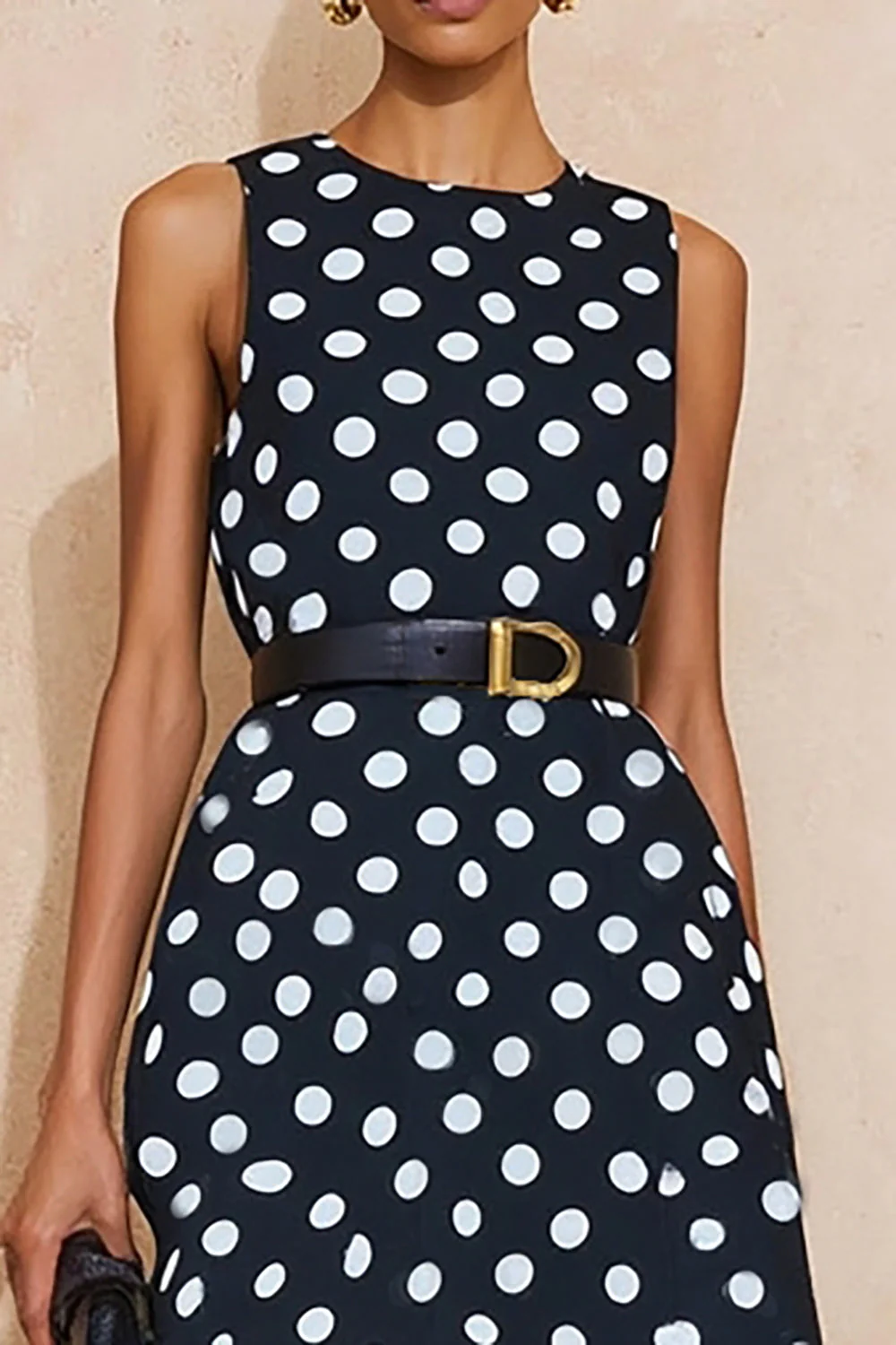 Navy White Polka Dots Round Neck A Line Midi Work Dress with Belt - Image 3