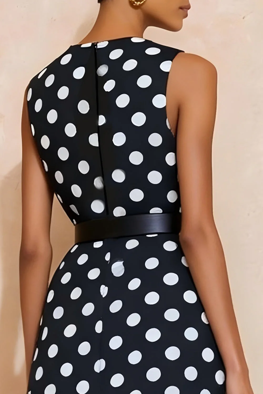Navy White Polka Dots Round Neck A Line Midi Work Dress with Belt - Image 4