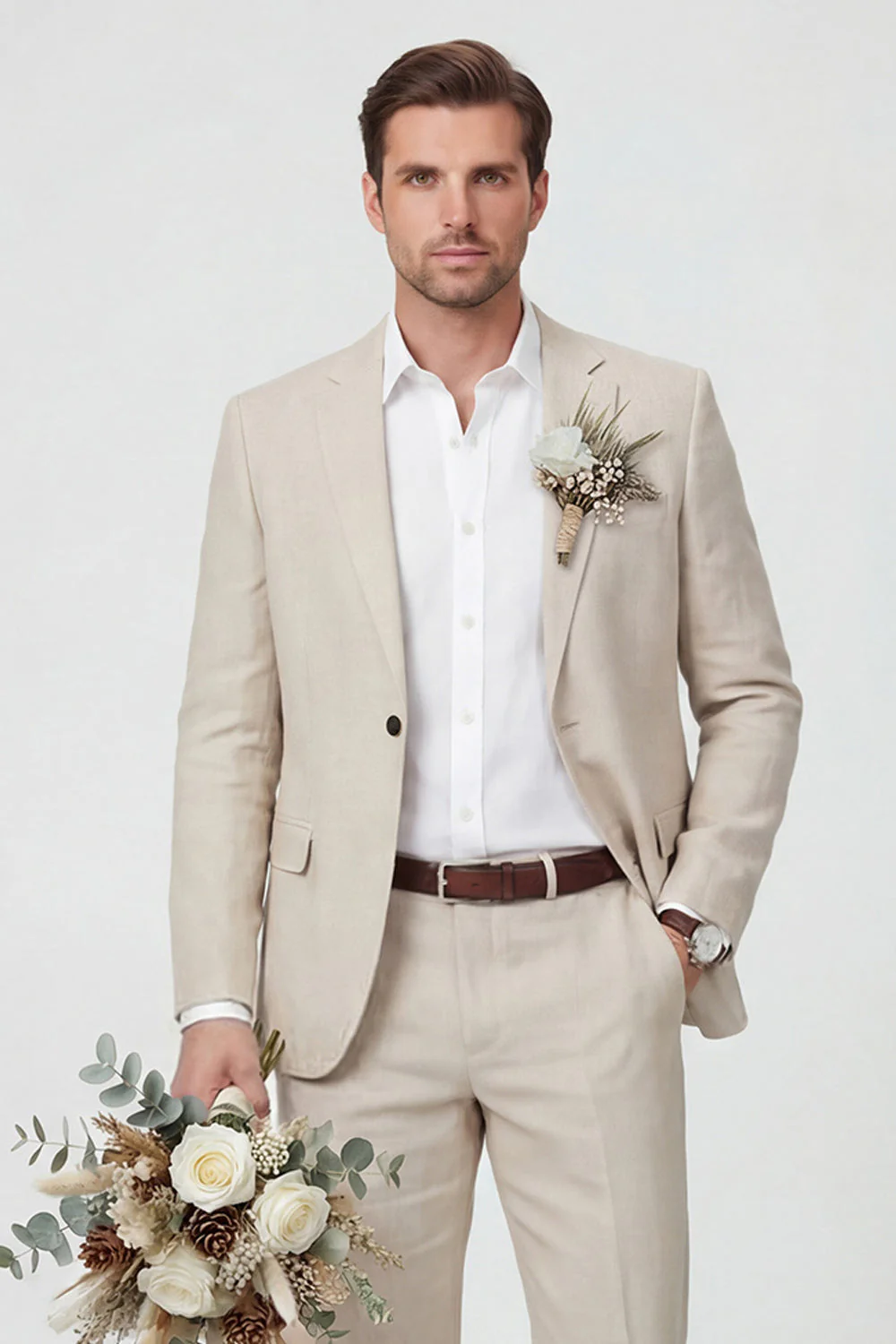 Beige 2 Piece Notched Lapel One Button Men's Wedding Suits - Image 2