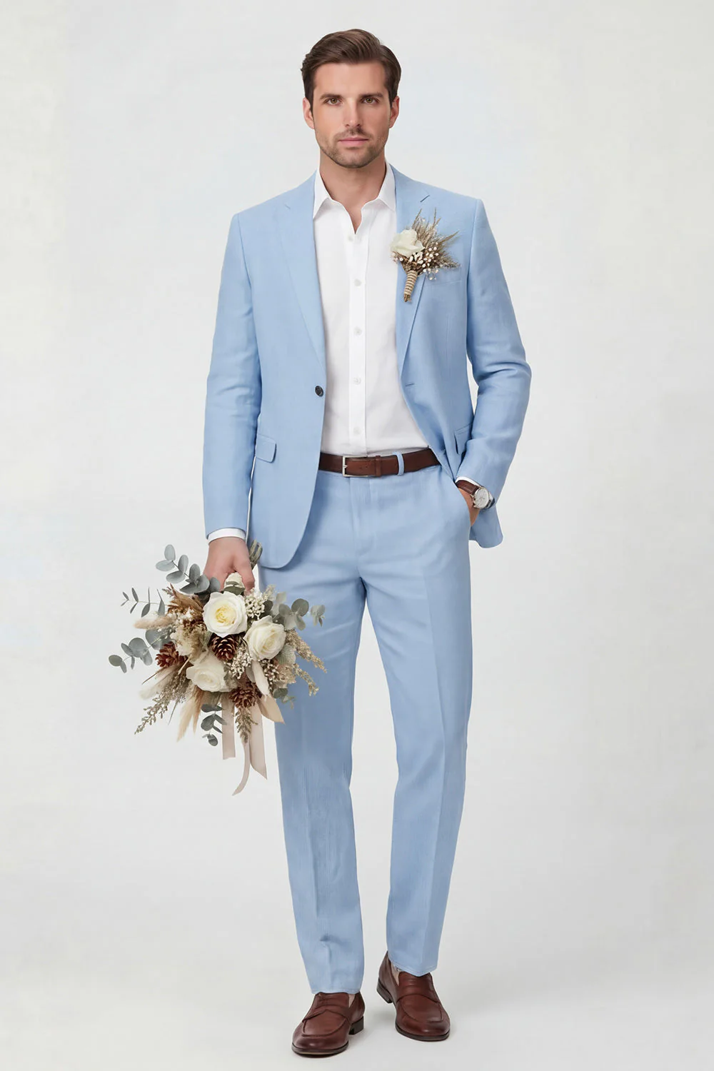 Beige 2 Piece Notched Lapel One Button Men's Wedding Suits - Image 3