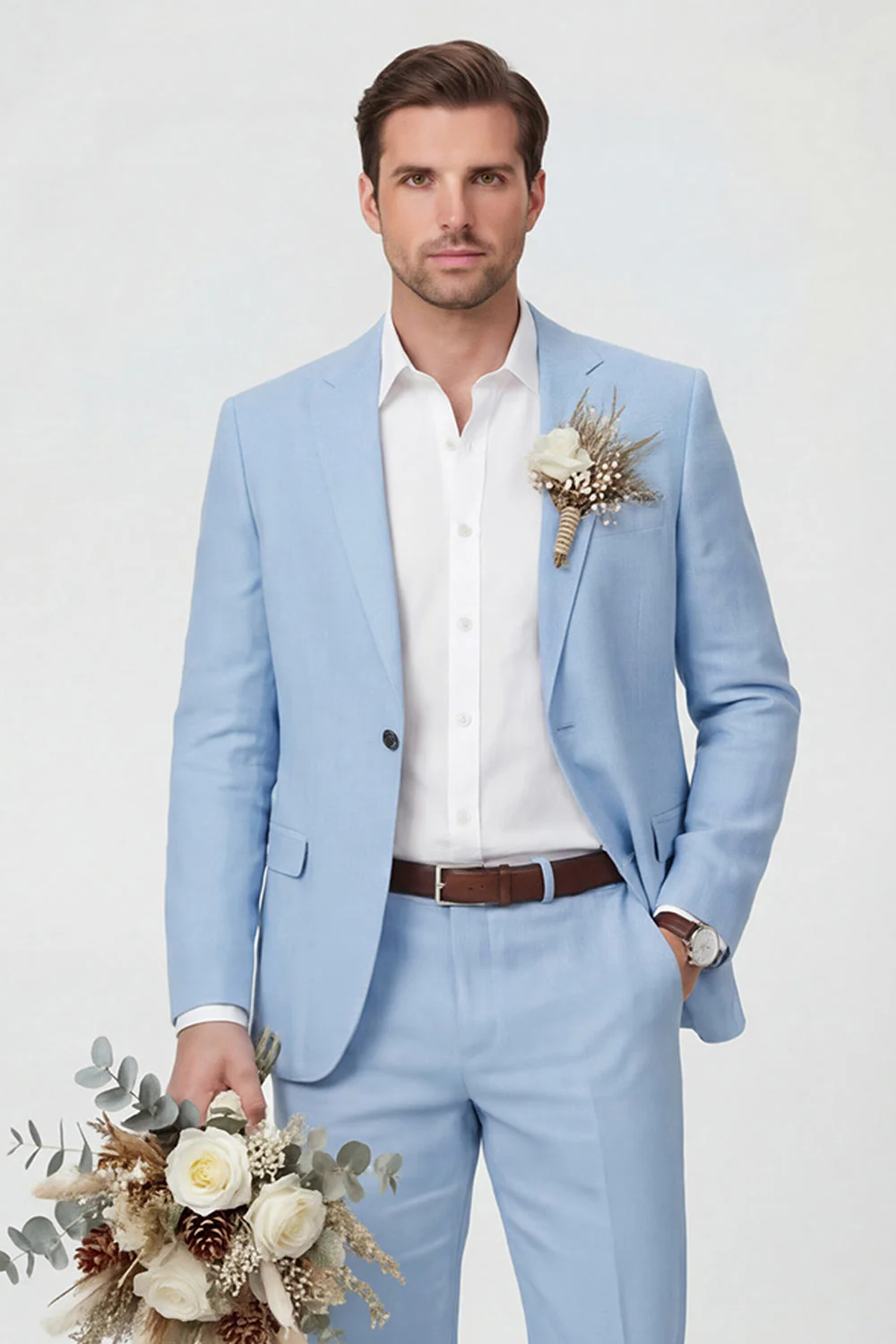 Beige 2 Piece Notched Lapel One Button Men's Wedding Suits - Image 4